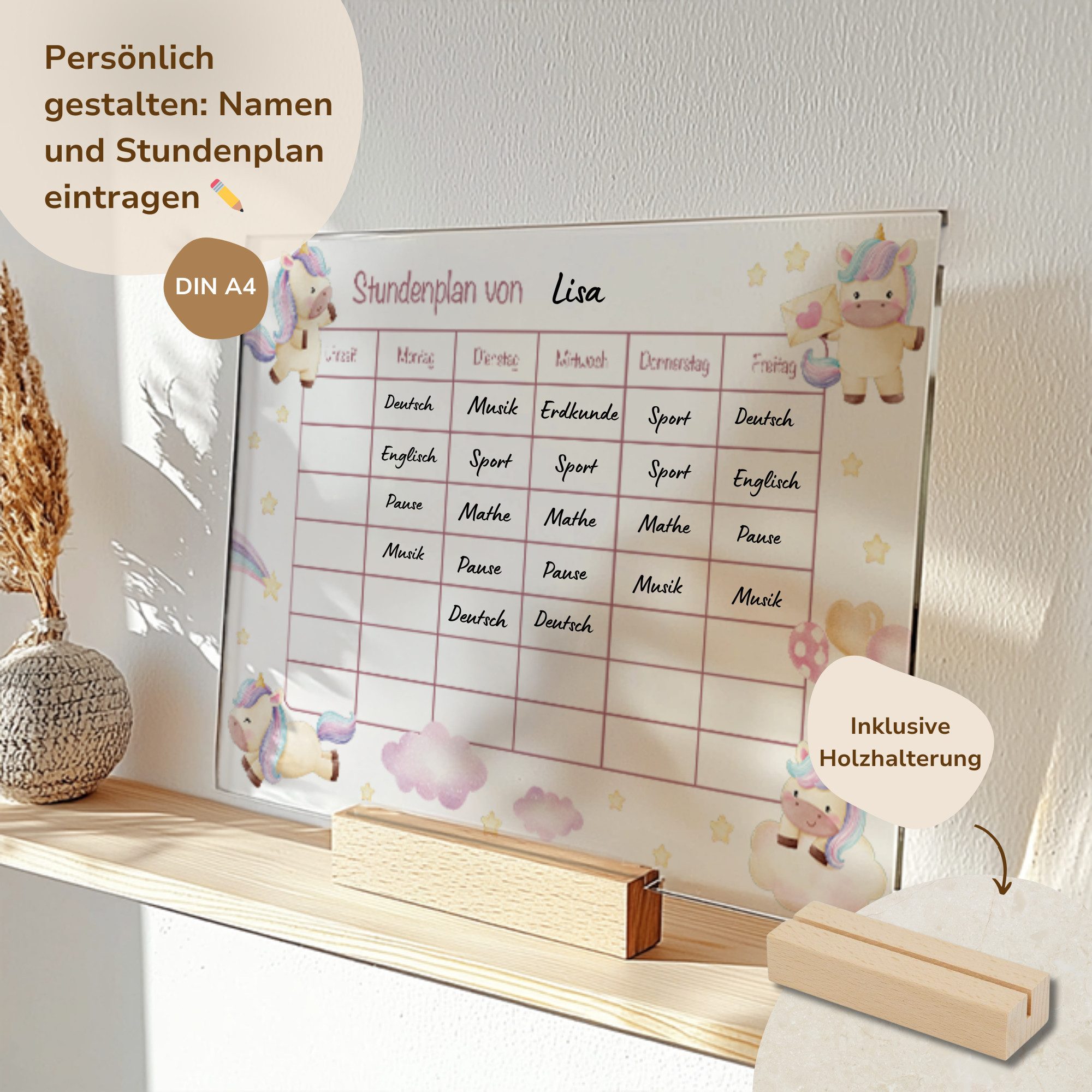 MeinBaby123® Schreibtischkalender Einschulung, Stundenplan Acrylglas transparent, Stundenplan abwischbar, Schulanfang Geschenk,  inkl. Holzhalterung