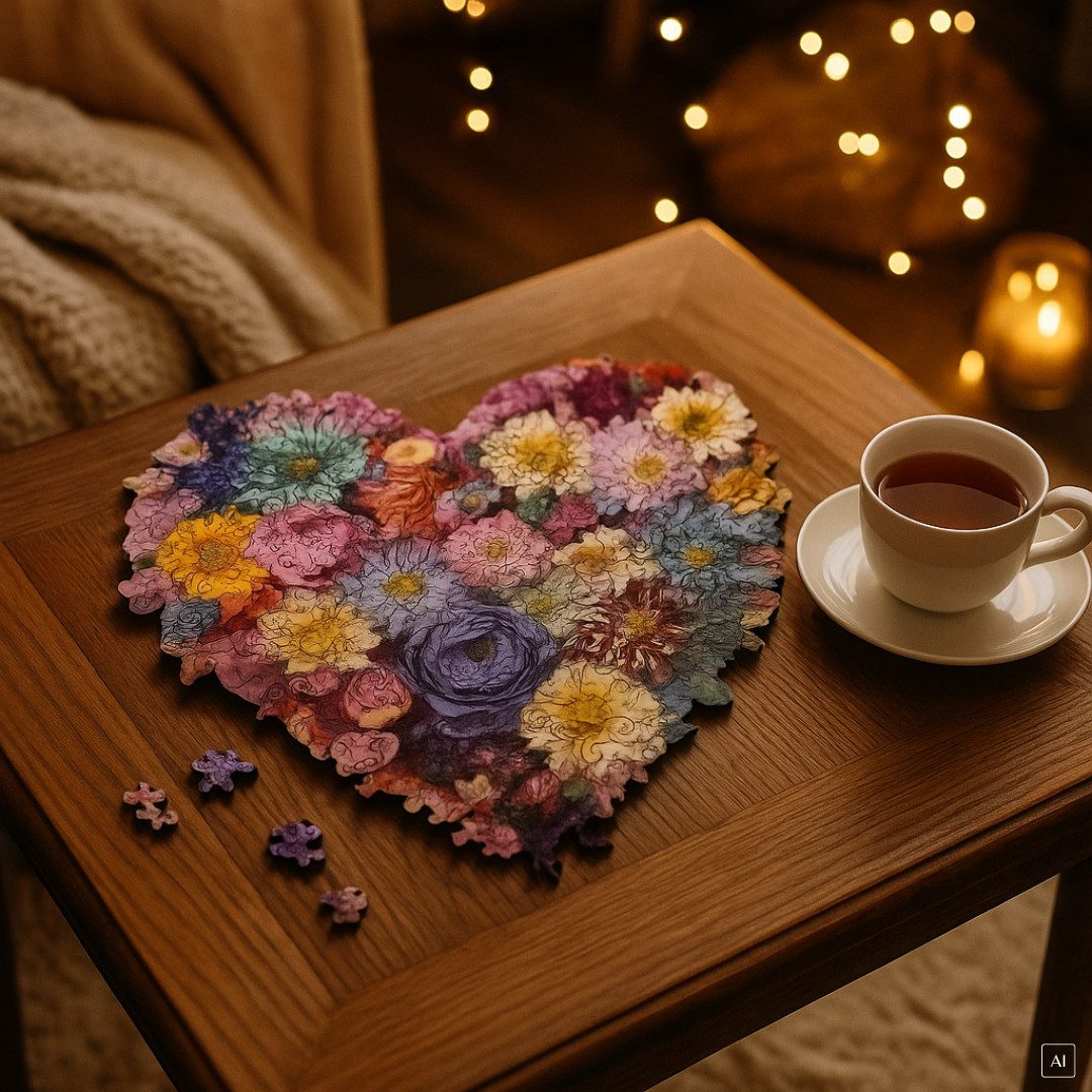 abc HOME Puzzle Herzform, Blumen, Holz, Ø 27 cm, 200 Puzzleteile