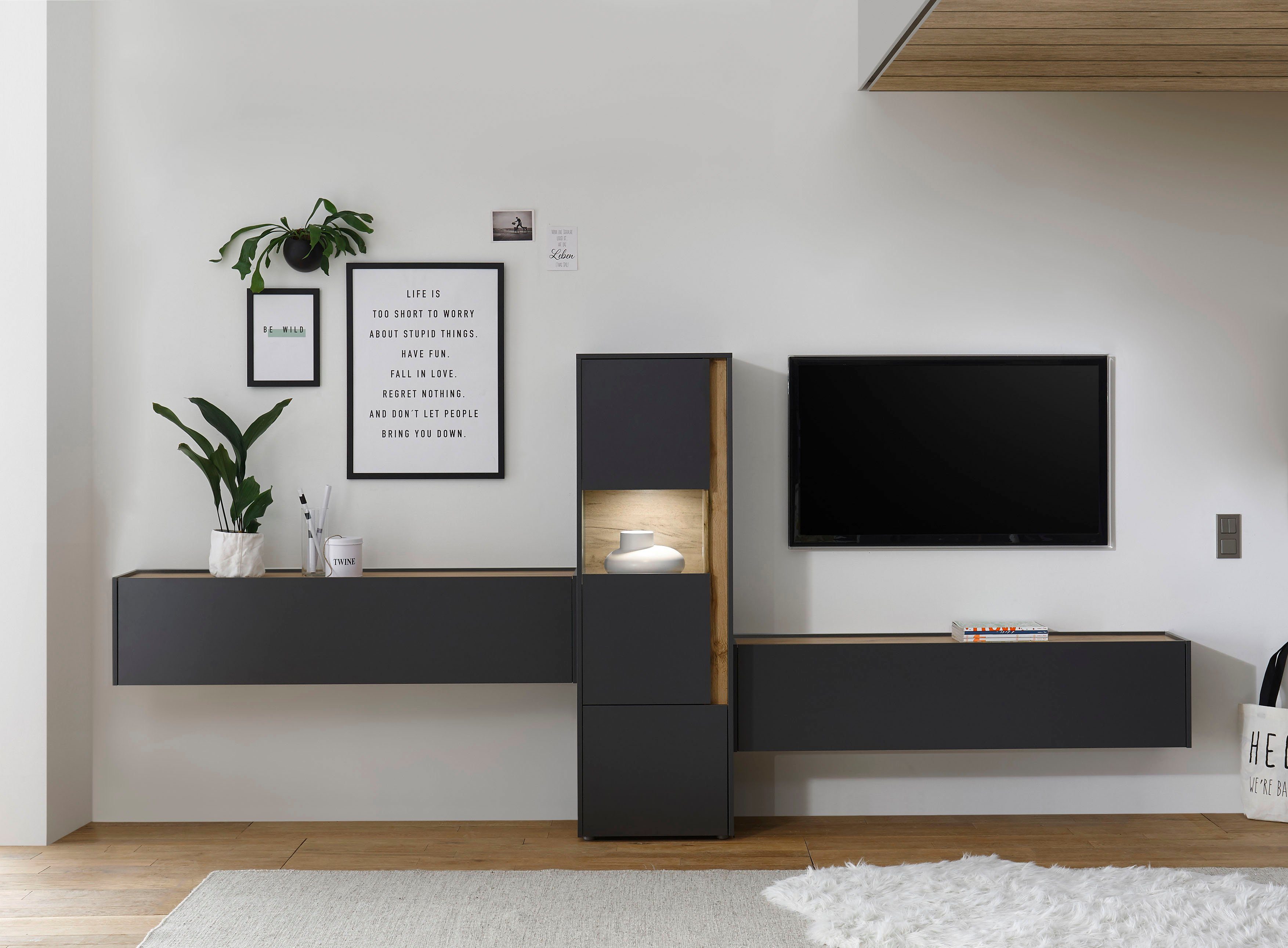 INOSIGN Wohnwand City/Giron, moderne Anbauwand, Komplettset in vielen Farben verfügbar, (Set, 3-St), enthält eine Vitrine & zwei Hängeschränke