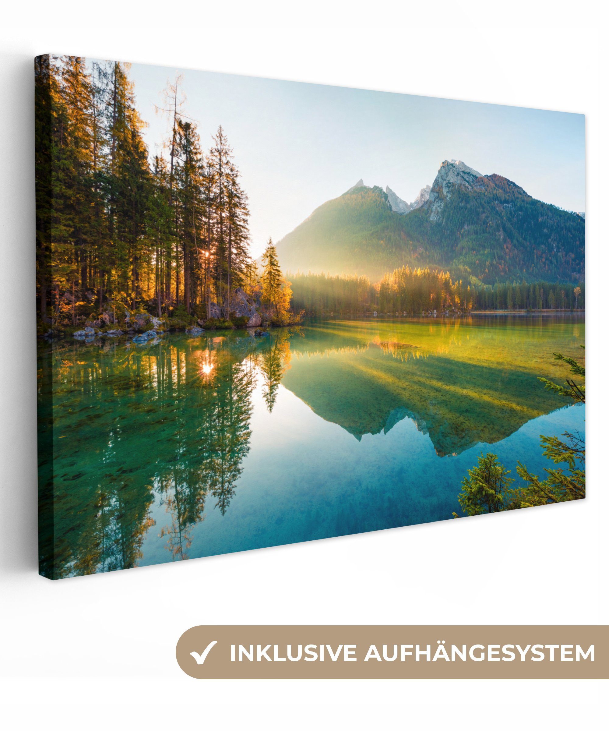 OneMillionCanvasses® Leinwandbild See - Wald - Berge - Natur - Sonne - Landschaft, Fotodruck (1 St), Leinwand Bilder Klein, Wand Dekoration Aesthetic 30x20 cm