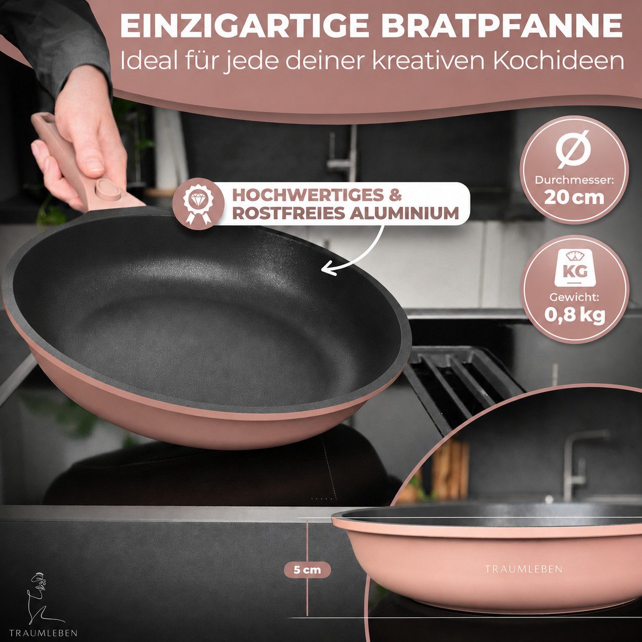TRAUMLEBEN Bratpfanne Antihaftbeschichtung, Induktion, abnehmbarer Griff, backofenfest, Aluminium, Beschichtete Pfanne – Bild 2 von 5