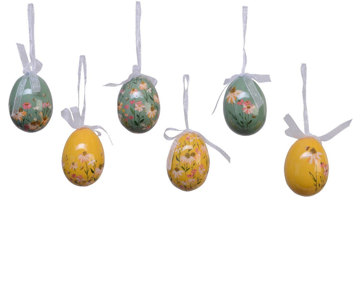Decoris season decorations Osterei, Ostereier zum Aufhängen mit Blumen Motiv 6cm gelb / grün 6 Stück