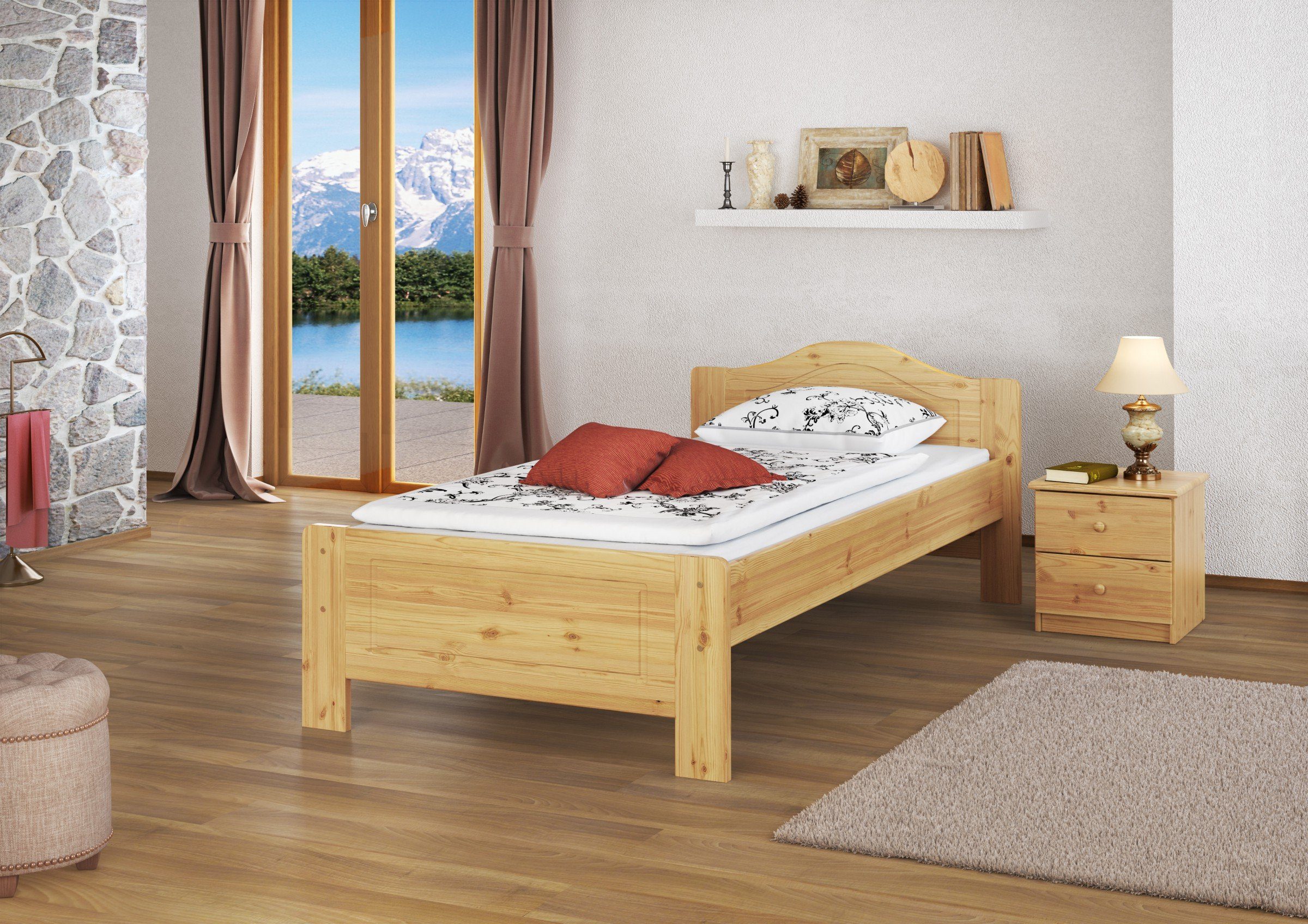 Bett lackiert Kiefer Holzbett ERST-HOLZ mit Rost und Kieferfarblos 90x200 Matratze, Landhaus