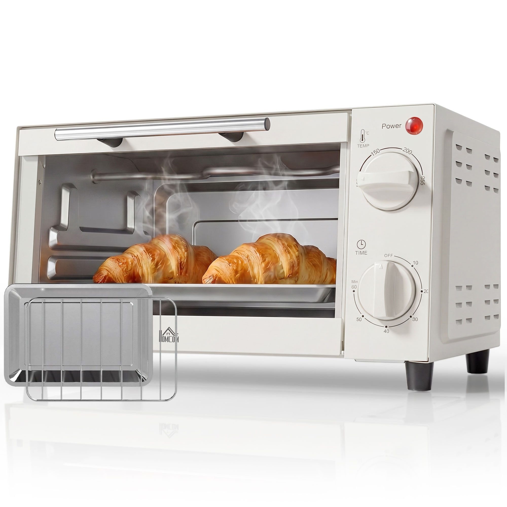 HOMCOM Minibackofen Backofen 10 L 750W 100-230℃ mit Backblech Pizza-Ofen, zum Grillen, Backen, Toasten, Cremeweiß