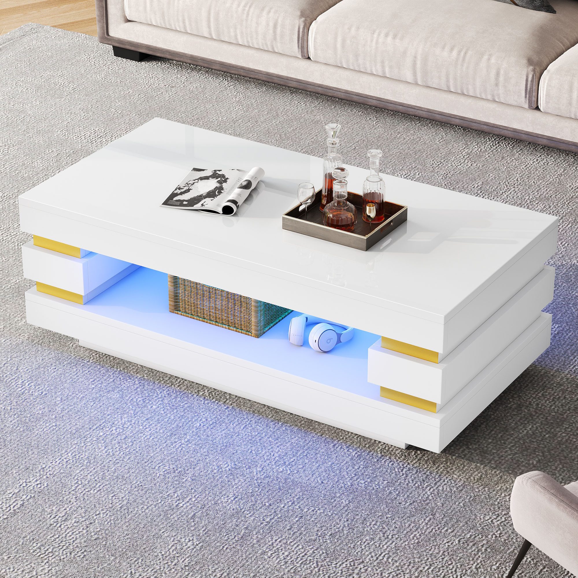 BlingBin Couchtisch 100*50*35cm Kaffeetisch mit LED-Lichtleiste, Hochglanz Beistelltisch (1er Set, 1-St., Sofatisch mit ausgehöhlter Mitte zur Aufbewahrung), Teetisch aus Spanplatte für kleine Wohnungen, Wohnzimmer, Weiß
