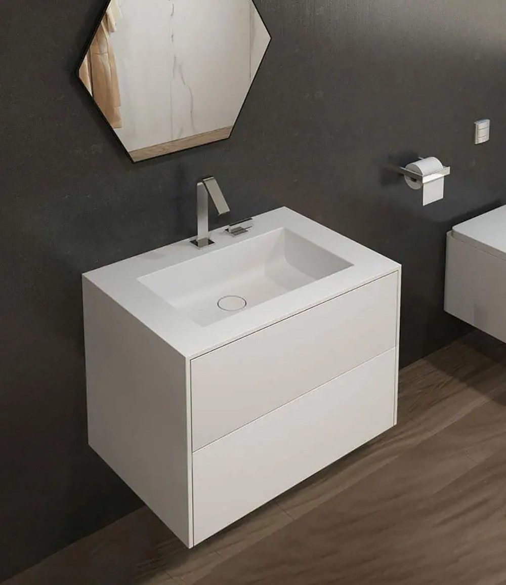Henneke Waschtisch Corian® PureOne+ mit Becken mittig eckig und Unterschrank zweireihig, Fugenlos aus Mineralwerkstoff
