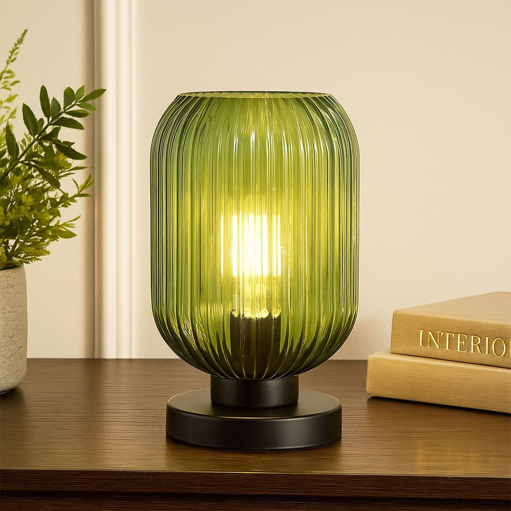 GLOBO LIGHTING Schreibtischlampe, Leuchtmittel inklusive, Warmweiß, LED Tischleuchte Nachttischlampe Metall schwarz Glas grün H 24 cm
