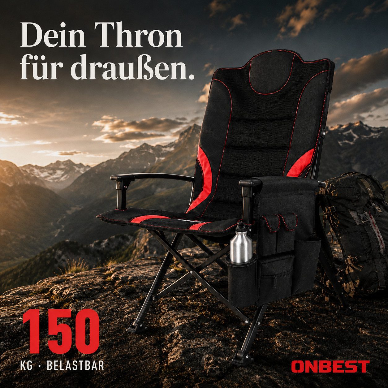 Onbest Campingstuhl faltbar bis 150kg inklusive Tragetasche, Gepolstert, Getränkehalter, Rückentasche