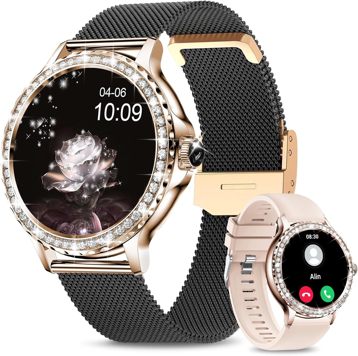 Fitoncloud montre connectée femme Smartwatch (3,3 cm, android ios), Elegante Damen Smartwatch mit Telefonfunktion und Gesundheitsfeatures