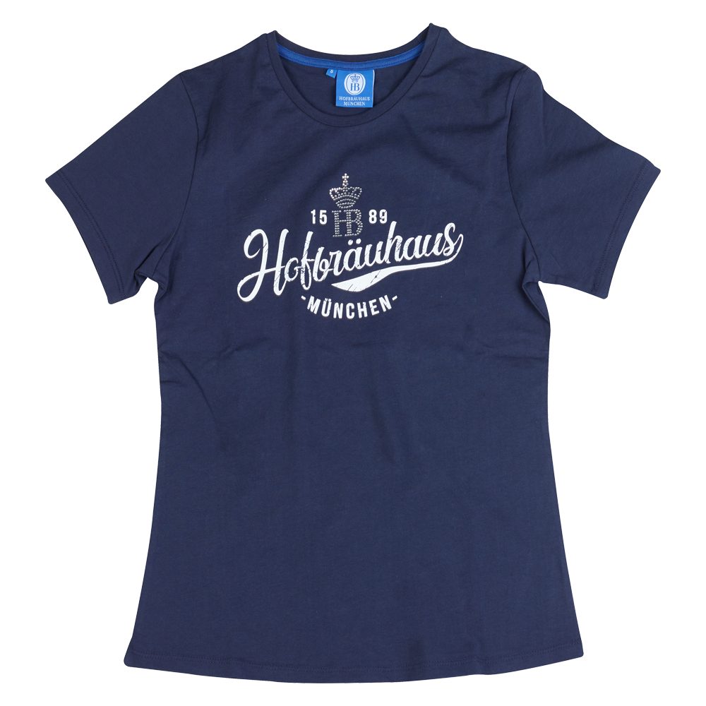 Hofbräuhaus München T-Shirt Damen T-Shirt mit Strass – tailliert, navy, Oktoberfest & Bayern-Style aus 100% Baumwolle