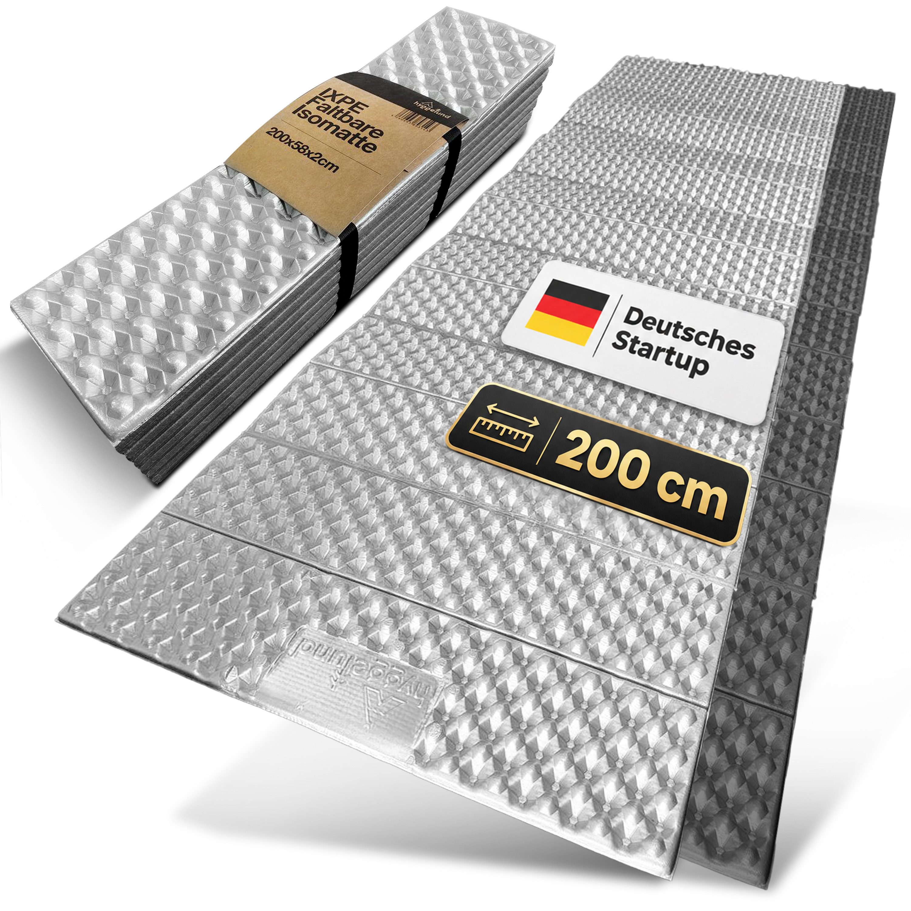 hyggelund Isomatte Faltbar 200cm IXPE Thermomatte R-2,5 leichte Faltmatte mit Aluminium