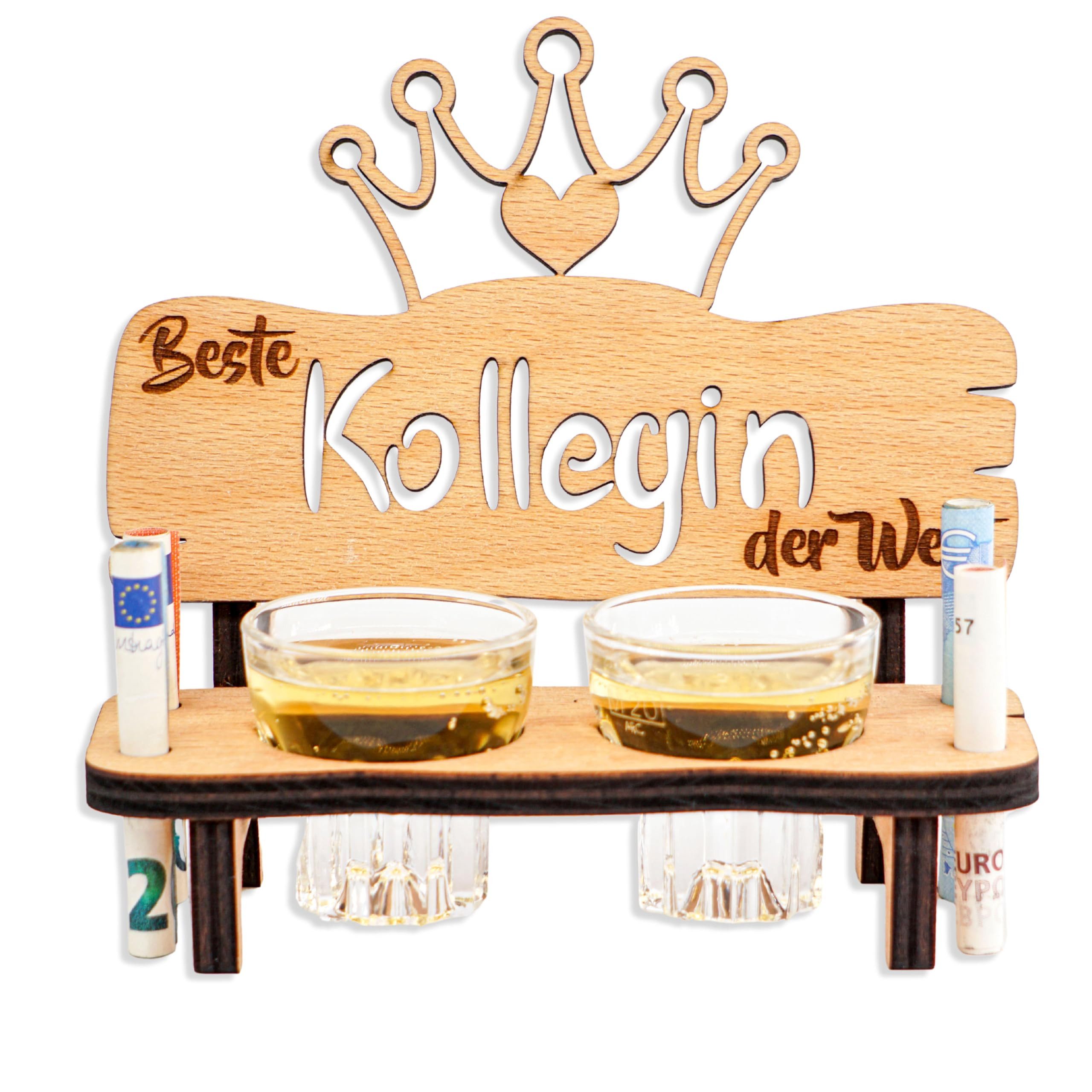 DARO Design Dekoobjekt Schnapsbank mit 2 Gläsern Geschenk Familie Freunde Nachbarn (Geschenkset, Kollegin – 2 Gläser), B 16,5 × T 10 × H 15,5 cm, 8 mm Buchensperrholz, geölt