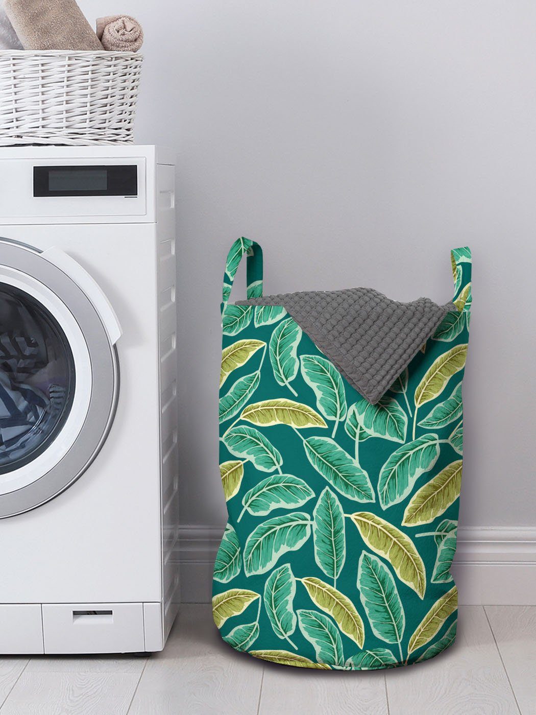 Wäschesäckchen Wäschekorb Kordelzugverschluss Abakuhaus für Abstract Waschsalons, Griffen mit Blätter Botanical Theme