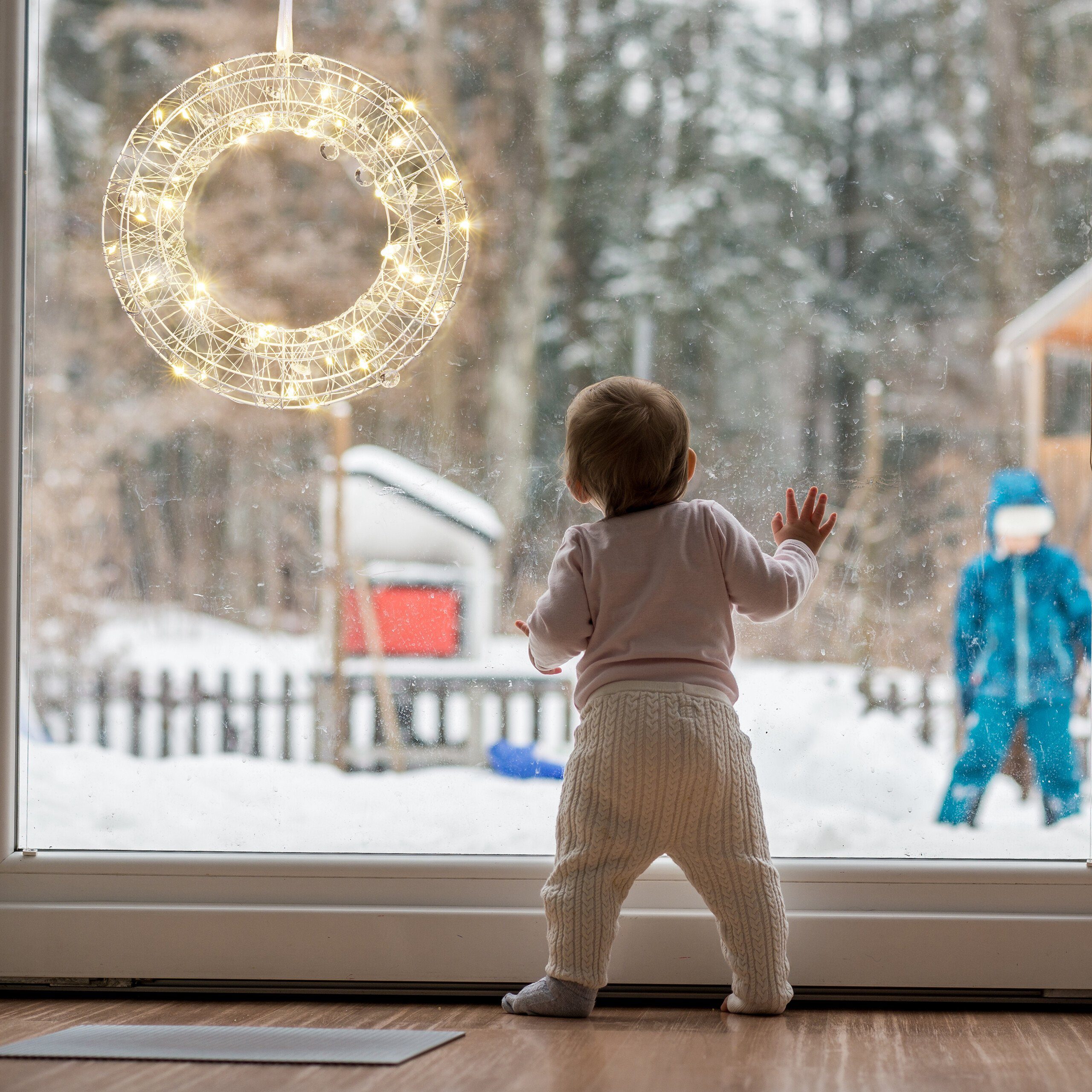relaxdays LED Dekolicht LED Lichtkranz für das Fenster 25 cm, Warmweiße LEDs, batteriebetrieben mit 6-stündiger Abschaltautomatik, warmweiße LEDs, warmweiß