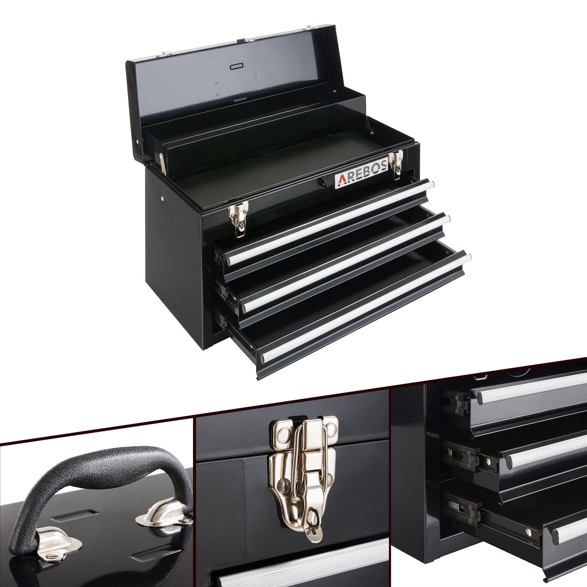 Arebos Werkzeugkoffer mit 3 Schubladen & 2 Ablagefächern schwarz