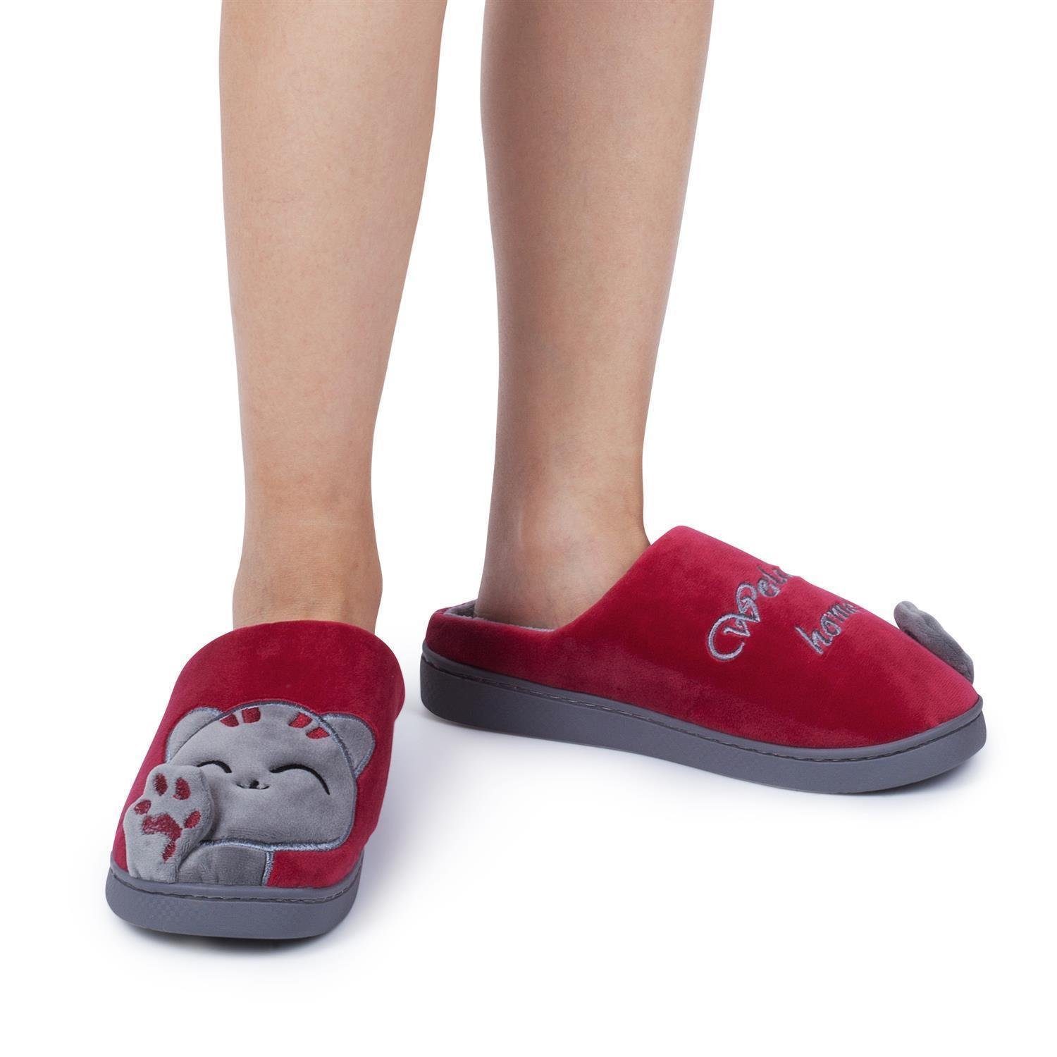Katara Tier Pantoffeln Gr. 34-41 (Einhorn, Katze, Hase) Plüsch Hausschuhe Hausschuhe, weich, warm, süß, kuschelig, Plüsch Katze (Schwarz-Rot)