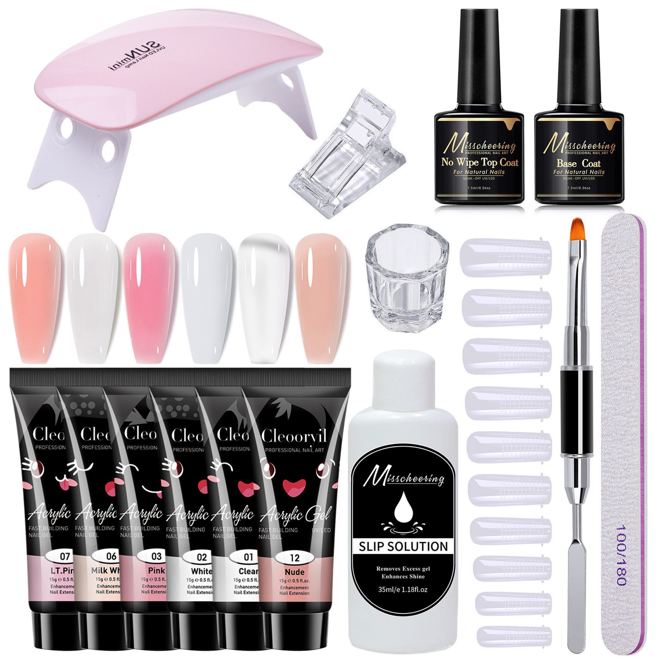KINSI Lichthärtungsgerät 15ml Nagelverlängerungs-Gel Set mit UV/LED-Lampe & Nagelwerkzeug, 15-tlg., Kristall-Gel für künstliche Fingernägel - Lang haltbar