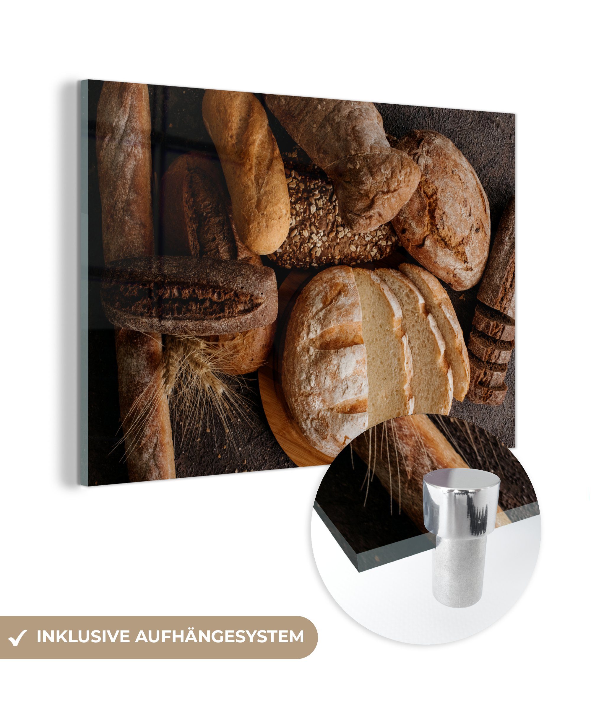 MuchoWow Acrylglasbild Frisch gebackenes Brot auf einem Holztisch, (1 St), Acrylglasbilder Wohnzimmer & Schlafzimmer