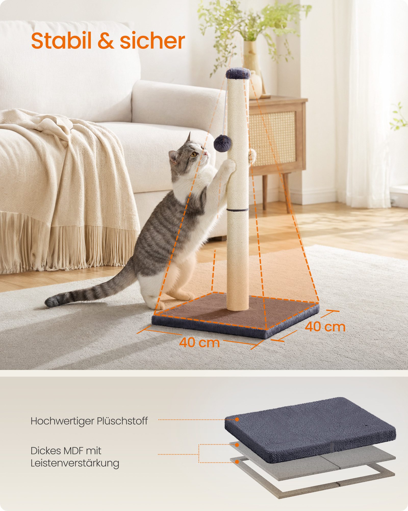 FEANDREA Kratzbaum aus Natürlichem Sisal mit Spielzeug, Möbelschutz für Große Katzen, 84 cm Hoher Stabiler Kratzbaum, 40 x 40 x 84 cm