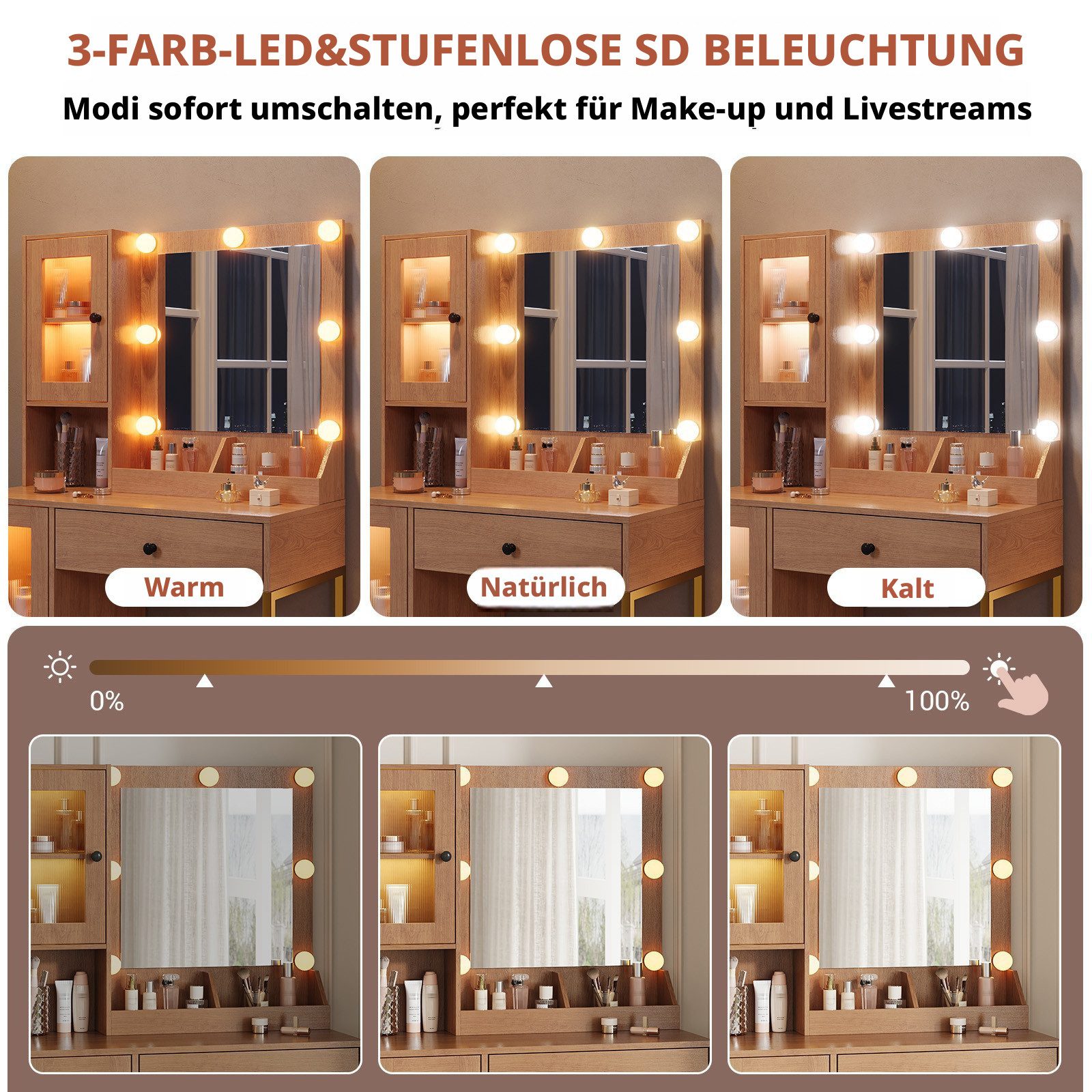 GarveeMore Schminktisch mit kratzfestem Spiegel, 3-farbiges LED Licht & stufenlose Dimmung (Weiß/Braun), 1 Schublade & 2 Schränke mit Glastüren & 3 offene Fäche – Bild 5 von 5