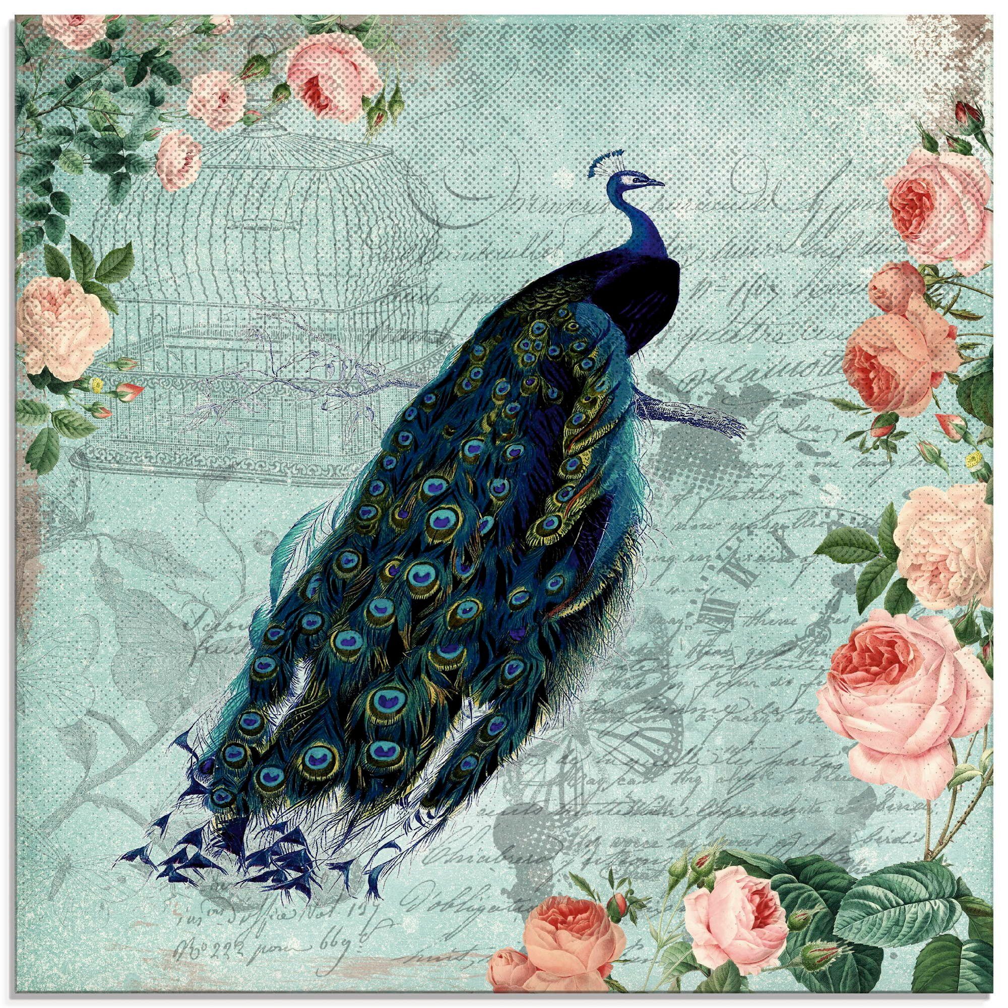 Artland Glasbild Vintage Rosen St), (1 Pfau Vögel und Größen verschiedenen in Illustration