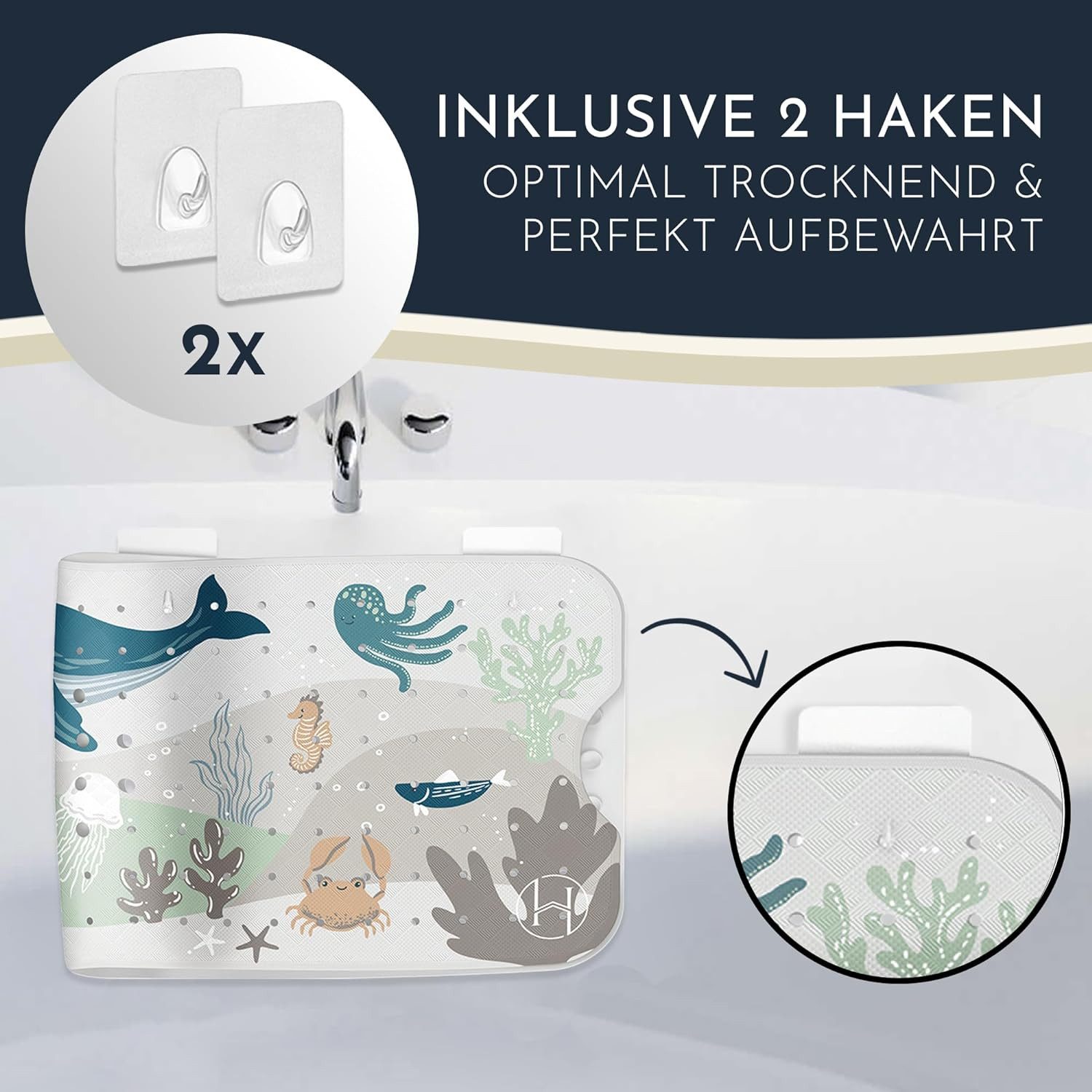 Homerella Badematte rutschfest Kinder - 100% BPA frei Inkl. 2 Haken zum Aufhängen 100x40cm, Antirutschmatte Badewanne Baby hautsensitiv & schimmelresistent, Bad – Bild 3 von 5