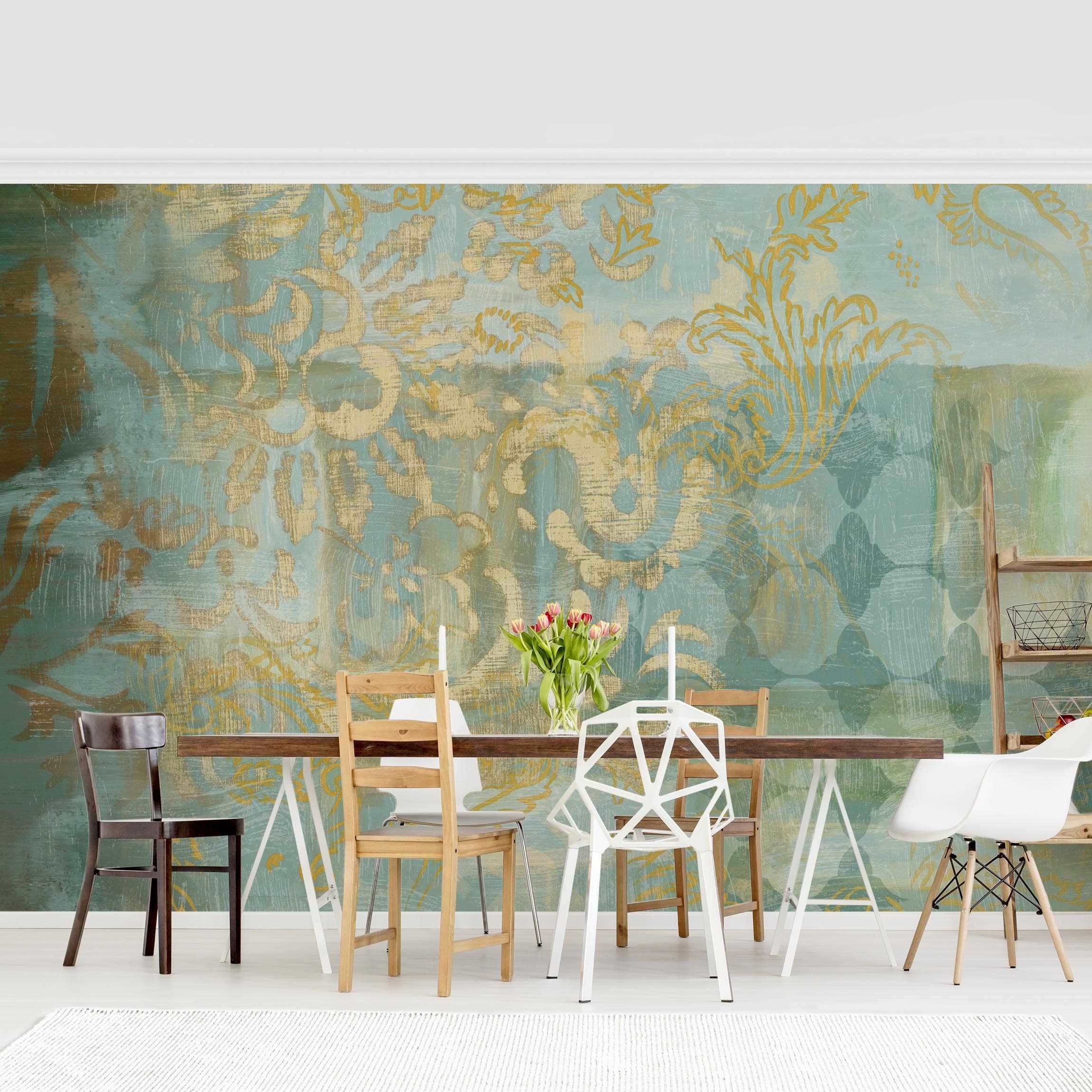 Bilderdepot24 Vliestapete Vintage Marokkanische Collage Gold Türkis Orientalisch Floral Ranke, Glatt, Matt, (Vliestapete inkl. Kleister oder selbstklebend), Wohnzimmer Schlafzimmer Küche Flur Fototapete Motivtapete Wandtapete
