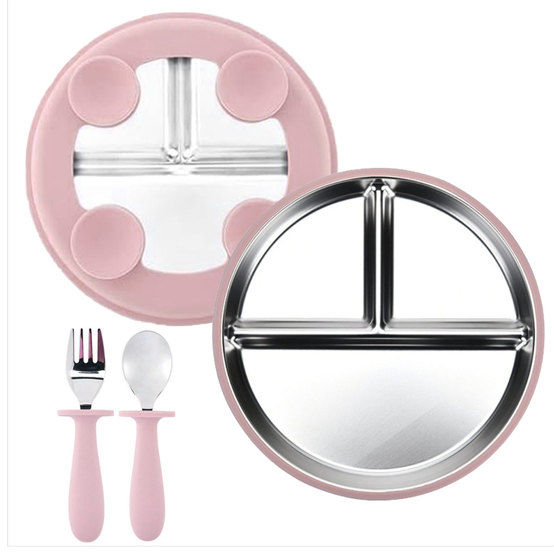 Mutig Kindergeschirr-Set 3 Stück Edelstahl Baby Teller mit Silikon Saugnapf mit Löffeln&Gabeln, 1 Personen, Spülmaschinenfest & BPA Frei mit Unterteilung,Für Kinder geeignet