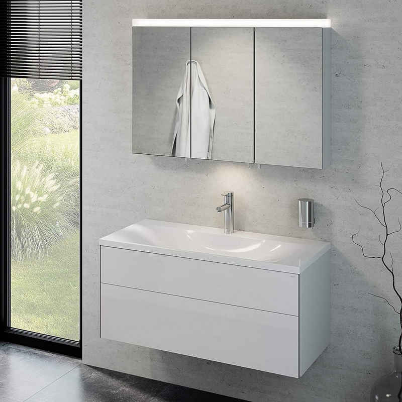 Keuco Badmöbel-Set Royal Reflex, (3 teilig, Badmöbel Set mit Waschbecken mit Unterschrank und LED Spiegelschrank), Badezimmerspiegelschrank mit Beleuchtung, weiß-hochglanz, 100 cm breit
