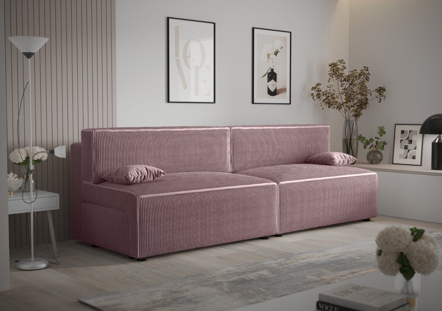 262cm MIRAX2 Sofa und pressiode mit Schlafsofa, COUCH Hellrosa Bettkasten Schlaffunktion