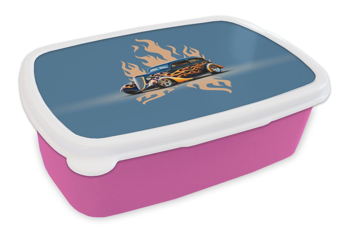 MuchoWow Lunchbox Auto - Oldtimer - Blau - Flammen, Kunststoff, (2-tlg), Brotbox für Erwachsene, Brotdose Kinder, Snackbox, Mädchen, Kunststoff rosa