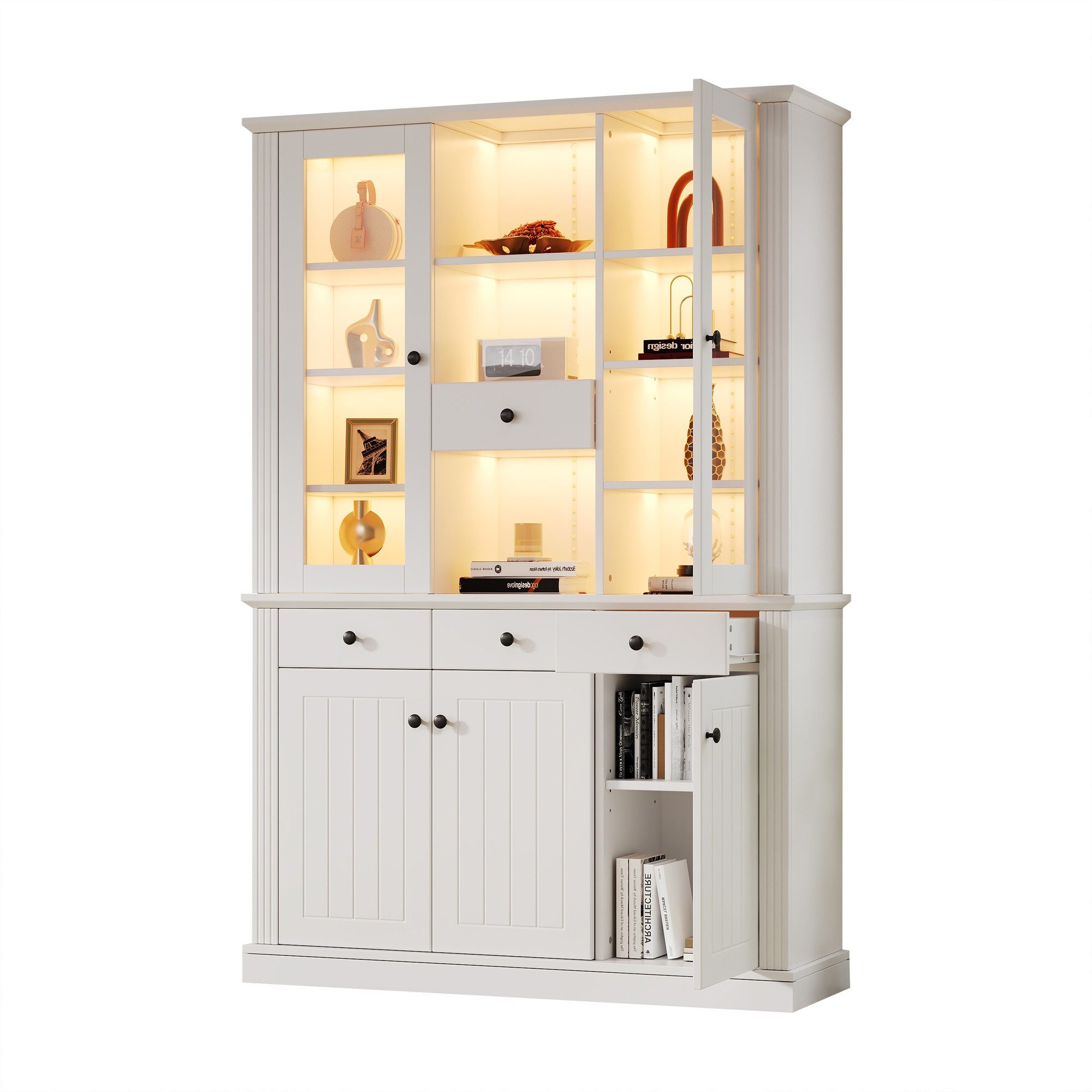 BlingBin Vitrine Aufbewahrungsschrank mit LED, Standvitrine (Wohnzimmerschrank, 1-St., 119.5 x 40 x 180cm Hochschrank mit 21 Fächer & 4 Schubladen) Vitrinenschränke mit 16 Farben LED, Wohnzimmerschrank 120 cm Breit