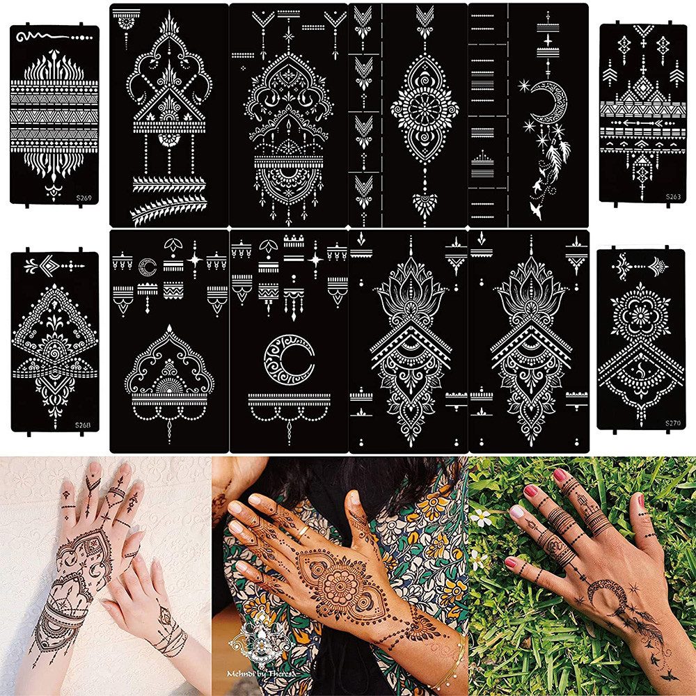 TUWENA Strass-Tattoo 12 Blatt Temporäre Tattoos Henna Schablone Set