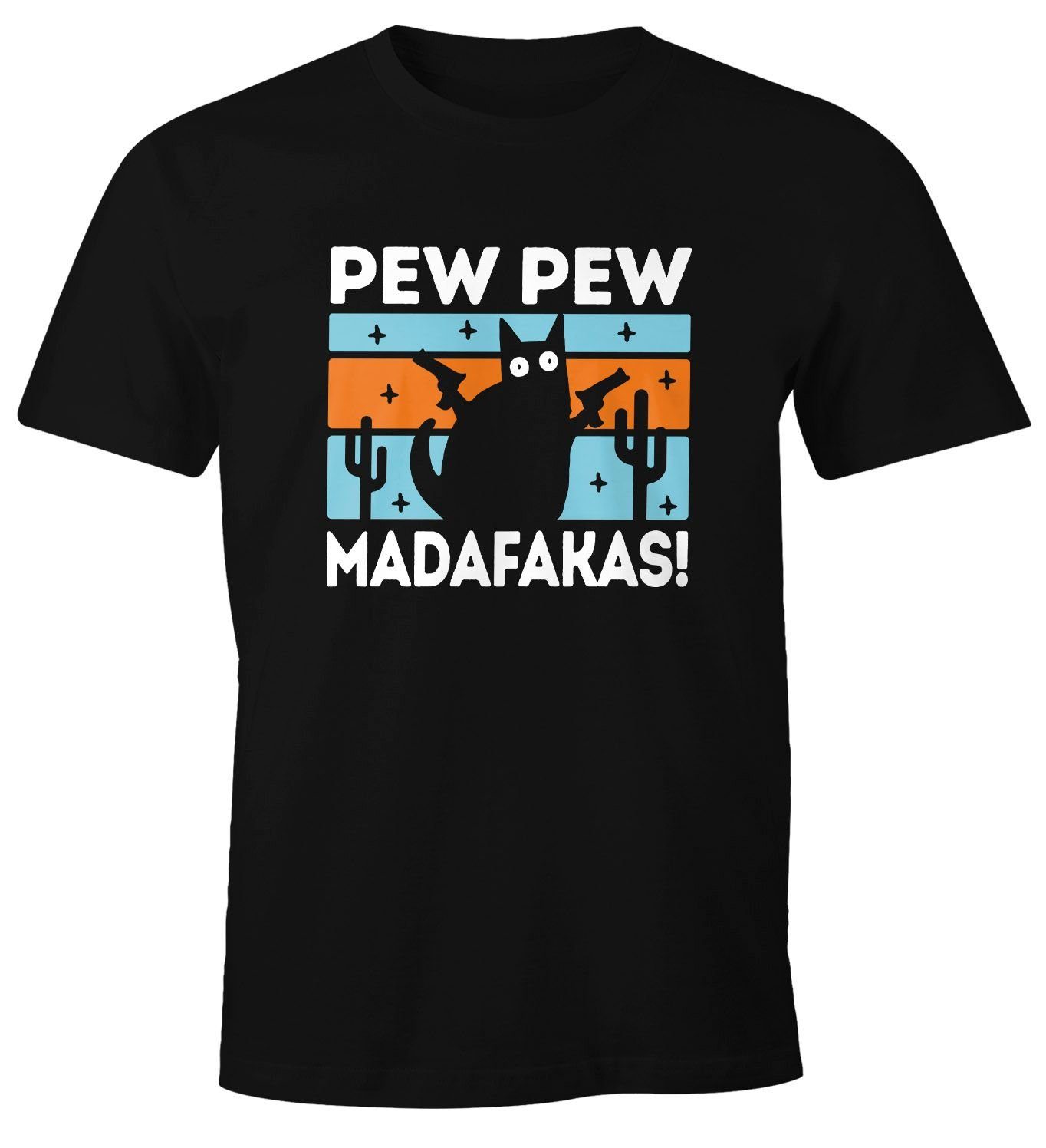 MoonWorks Print-Shirt Herren T-Shirt Pew Pew Madafakas Katze Cat crazy verrückt Fun-Shirt Spruch lustig Moonworks® mit Print schwarz