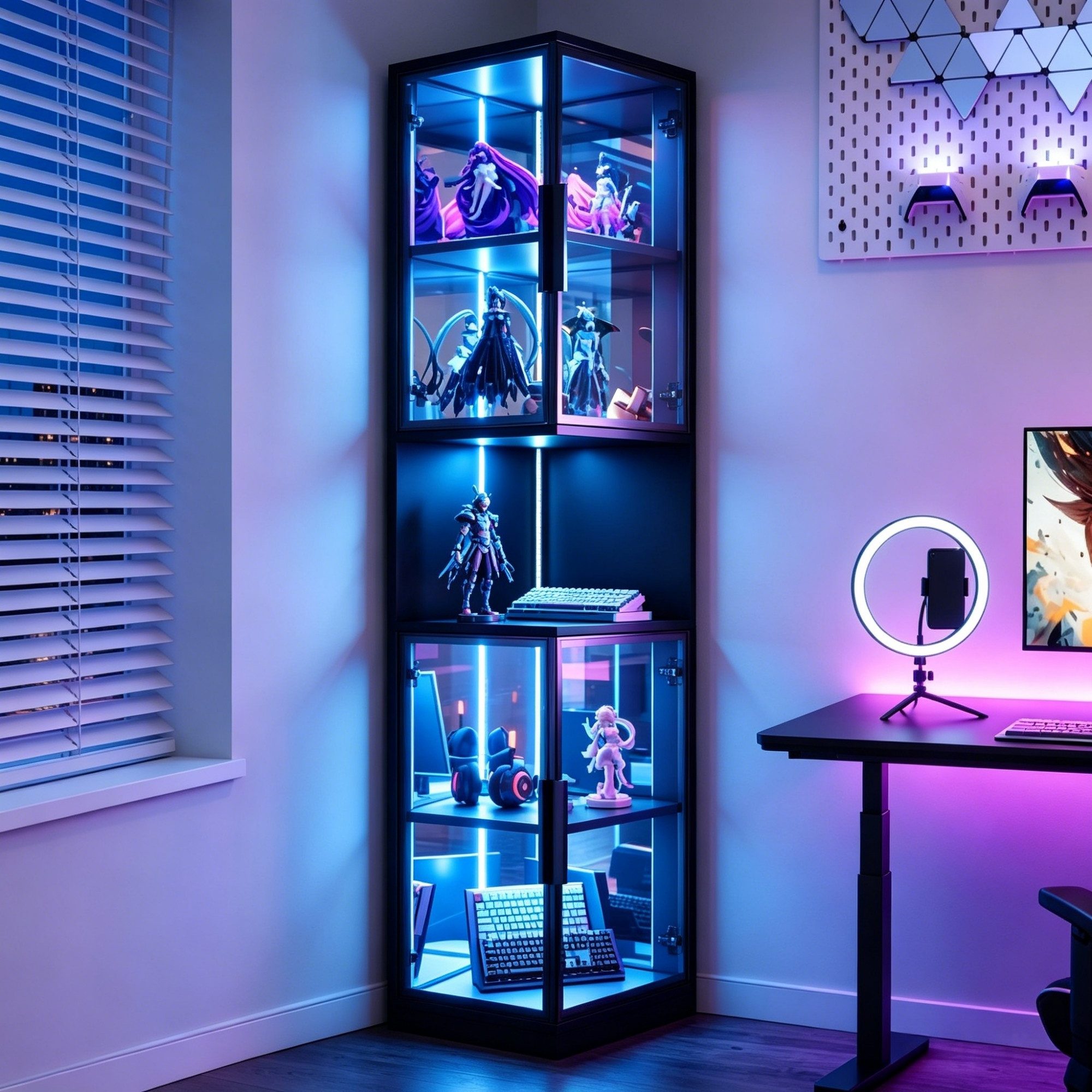 Flieks Eckvitrine Glasvitrine mit LED-Beleuchtung und Glastüren, verspiegelter Rückwand (1-St., 42x44x205 cm) Standvitrine mit 5 Fächern Eckschrank Hochschrank für Sammler Schwarz