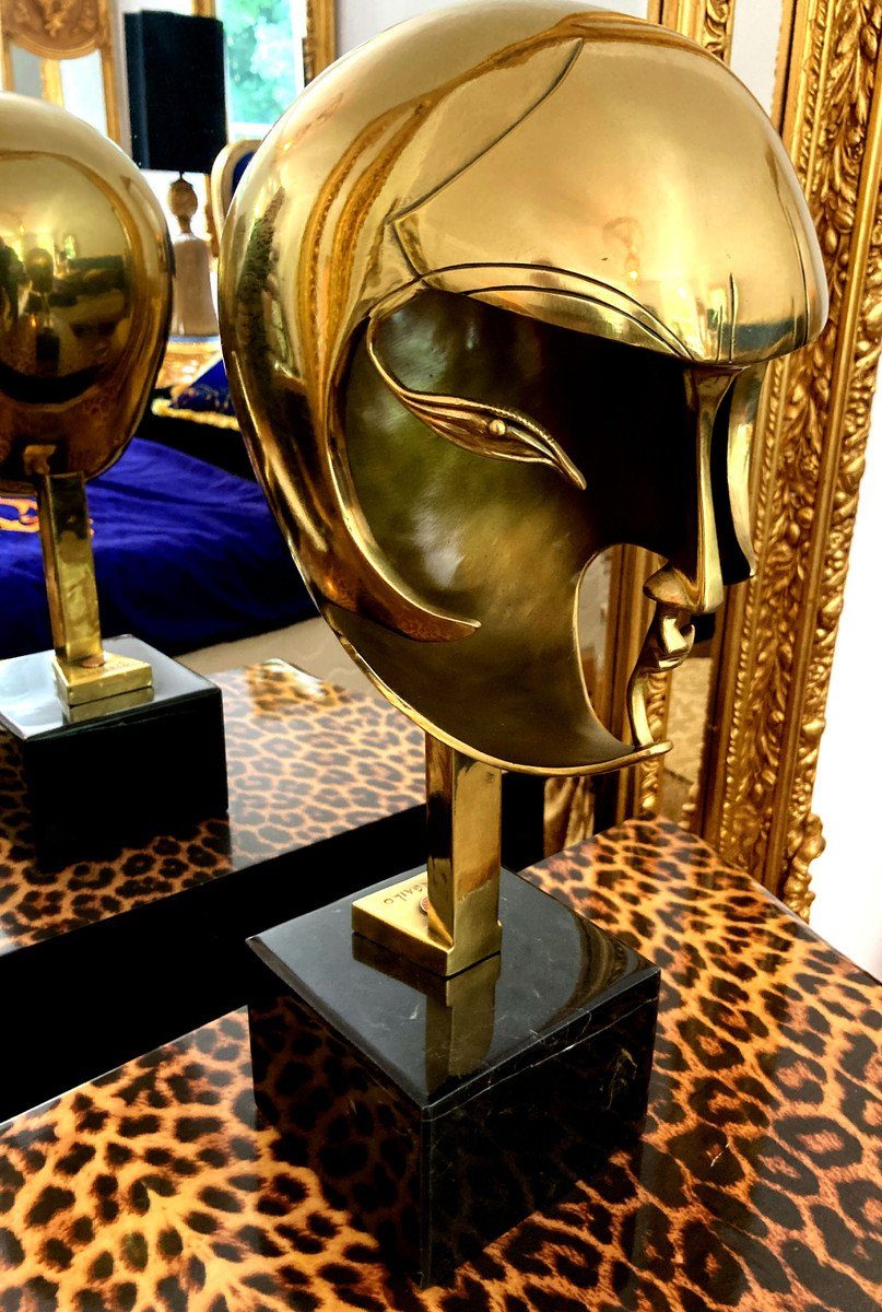 Maske Pablo Gargallo Helmet Noveau Montparnasse Kiki Skulptur Mask Diva Jugendstil nach Goldene Dekofigur Casa de Künstler Padrino 1928 1928 Bronze Kopfbüste Gold Kunst Art