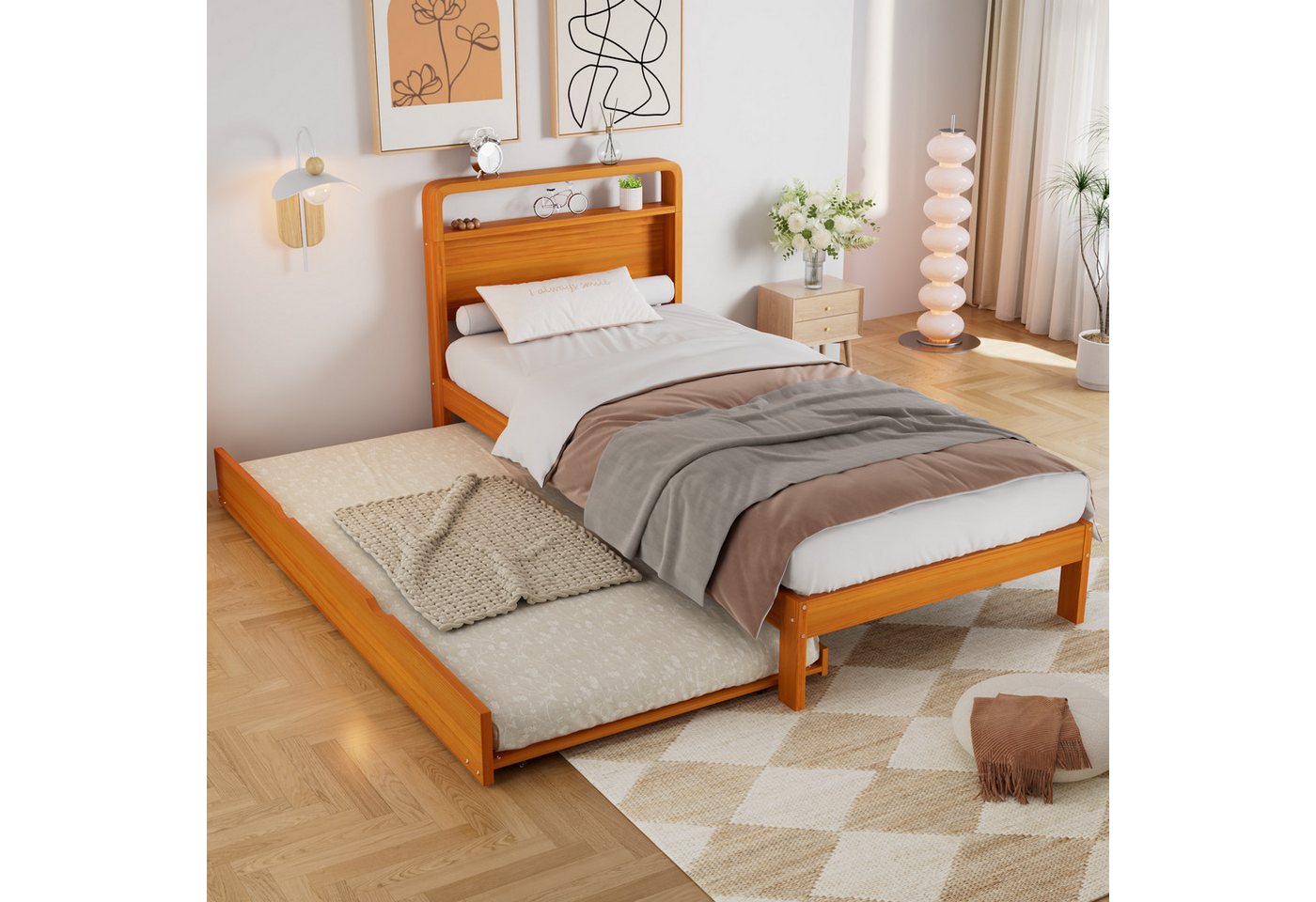 Flieks Massivholzbett, Kinderbett 90x200cm mit Ausziehbett 90x190cm, links/rechts montierbar