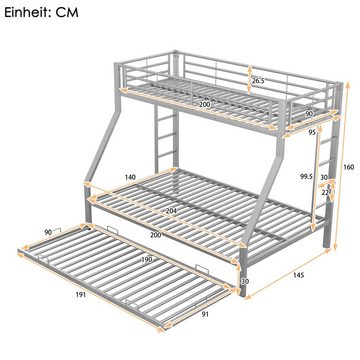 Ulife Etagenbett Metallbett mit ausziehbarem Bett,einfach zu montieren, mit Leiter auf beiden Seiten,90(140)x200cm