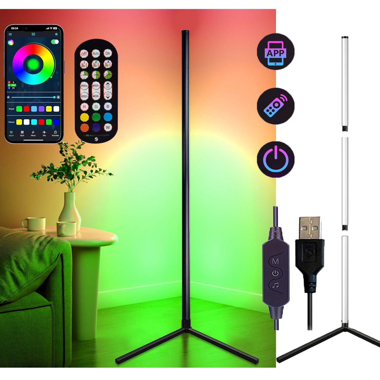 LED Stehlampe Smart Home RGB Eck-Stehleuchte, Timer, Dimmbar