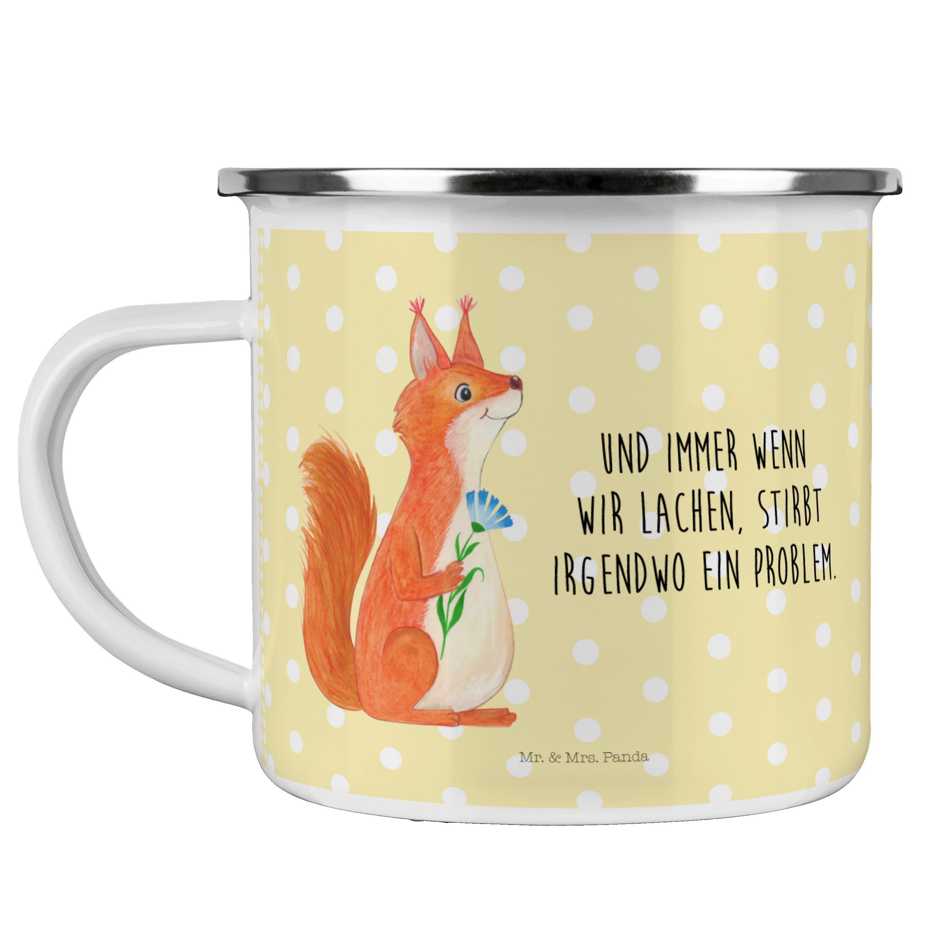 Mr. & Mrs. Panda Becher Eichhörnchen Blume - Gelb Pastell - Geschenk, Metalltasse für Camping, Emaille