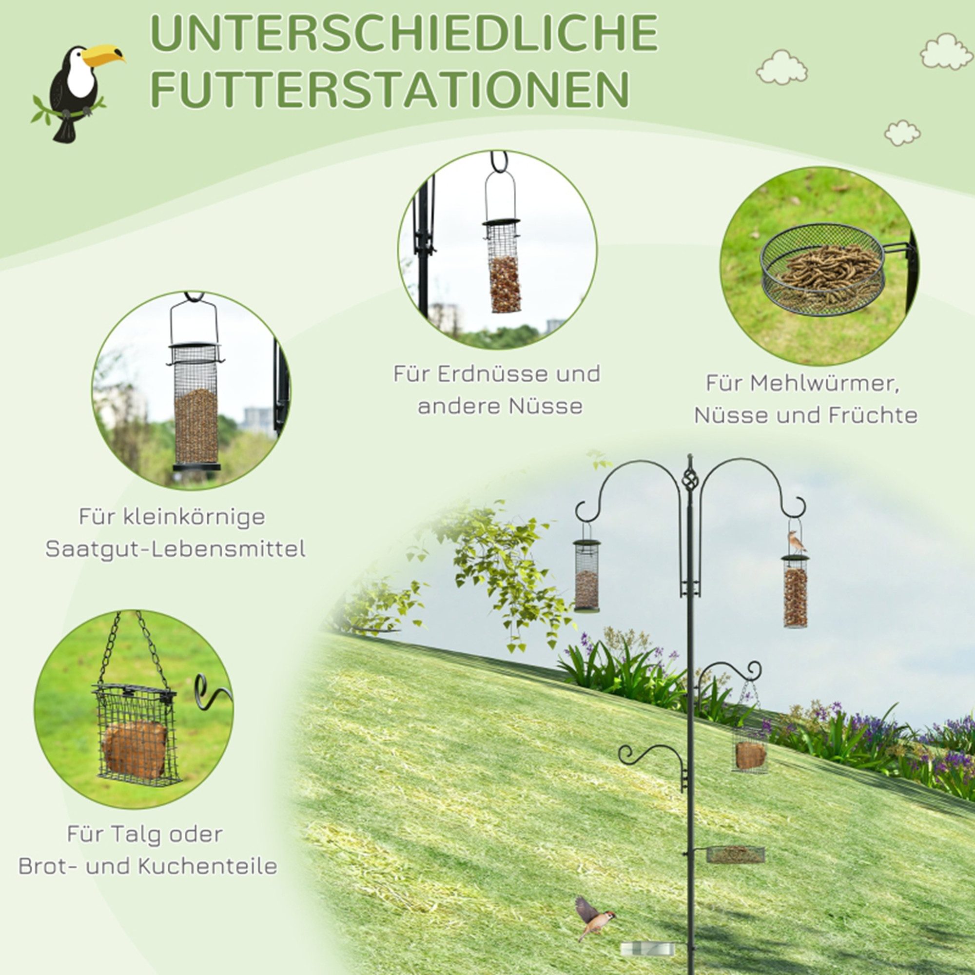 MC Star Vogeltränke Vogel Futterstation Set aus Stahl Höhe 208 cm inkl. 4 Haken, Futterteller Vollständiges Futtersäulen Vogelfutterspender Station