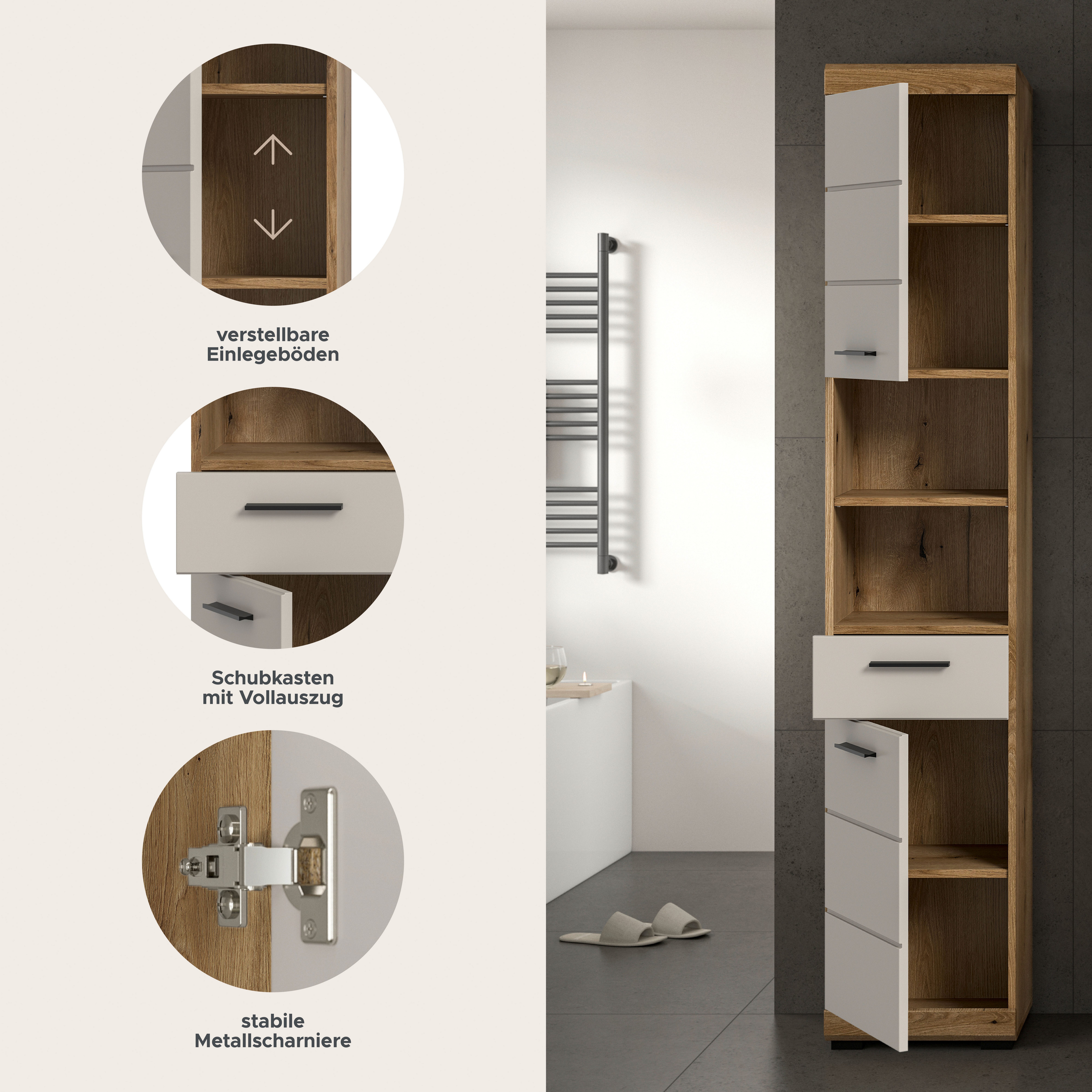 welltime Hochschrank SIENA, Breite 37cm, 2 Tür, 1 Schubkasten, 2 offene Fächer, MDF-Front (1-St., TOPSELLER) in verschiedenen Farben erhältlich, Badmöbel, Badschrank, Schrank, Bad