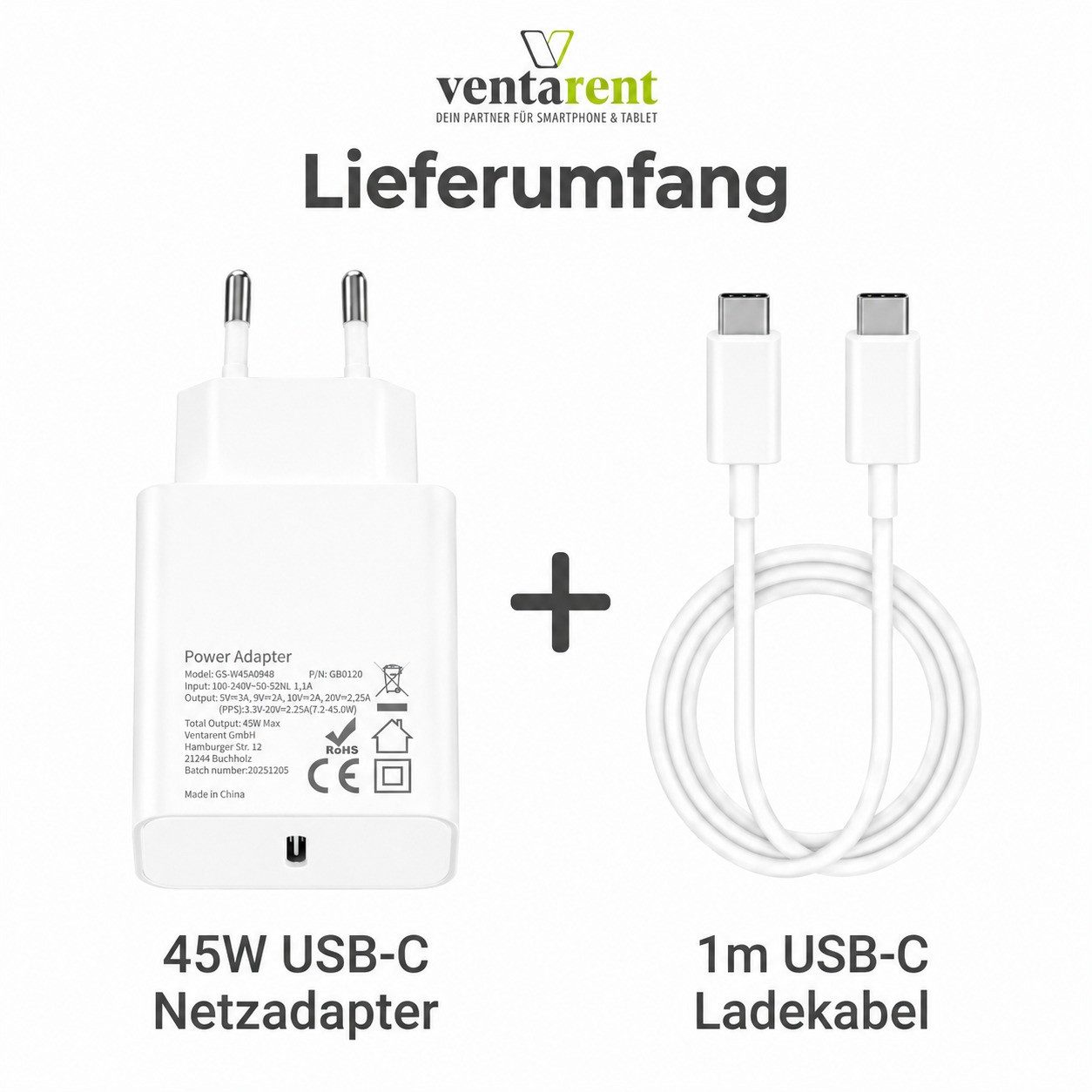Ventarent 45W USB-C Ladeset mit Ladekabel für MacBook Air, iPad Pro & Air USB-Ladegerät (3000 mA, Set, 2-tlg., 45W USB-C Netzadapter, USB-C Ladekabel, 45W Schne – Bild 4 von 5