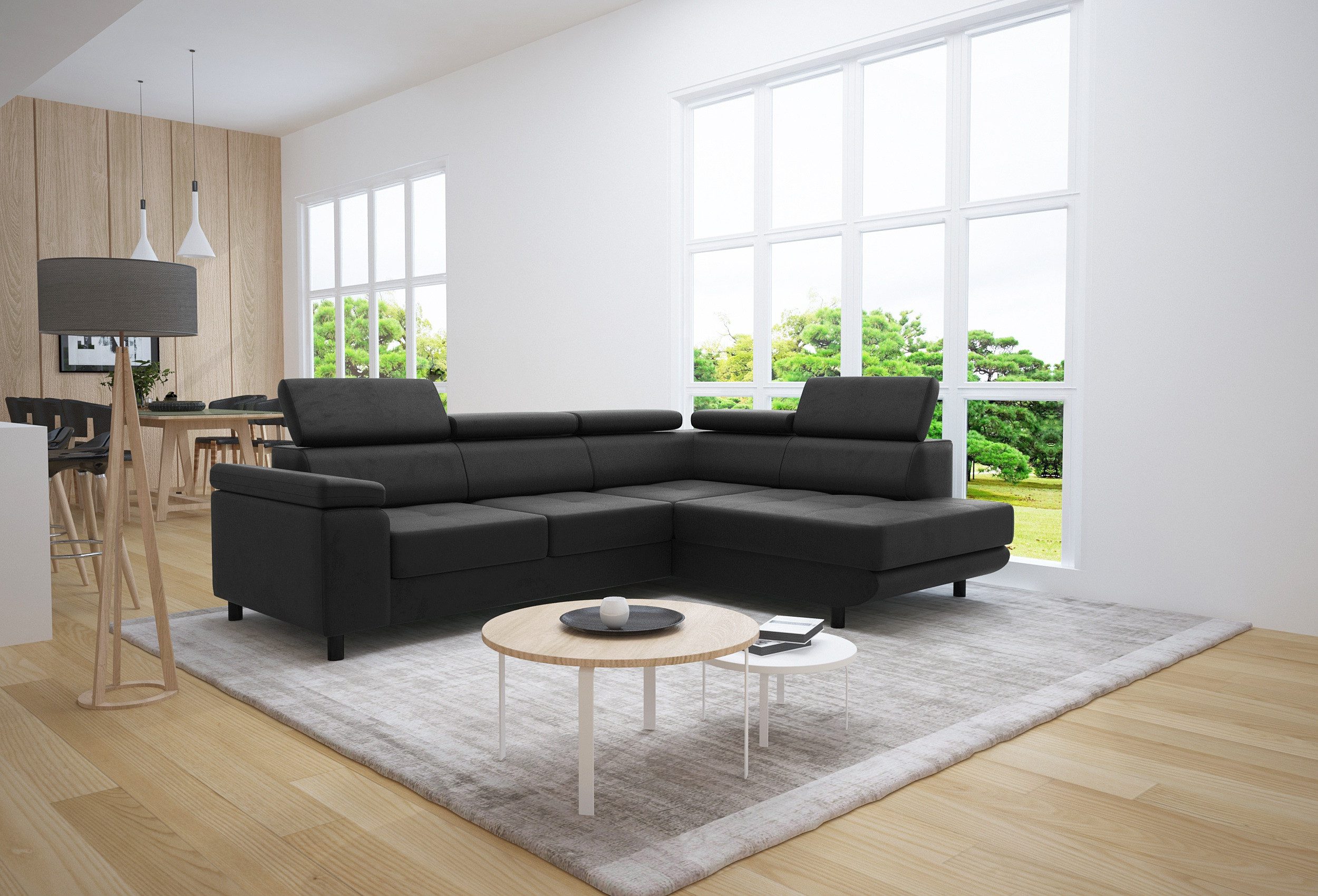 thematys Ecksofa LUNA L mit Schlaffunktion & Bettkasten – aus Velours oder Cord Stoff, mit 5 verstellbaren Kopfstützen, – L-Form 250×183 cm – Schlafsofa mit Auszug