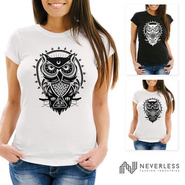 Neverless Print-Shirt Damen T-Shirt Eule Owl Shirt Eulenmotiv Slim Fit Neverless® mit Print