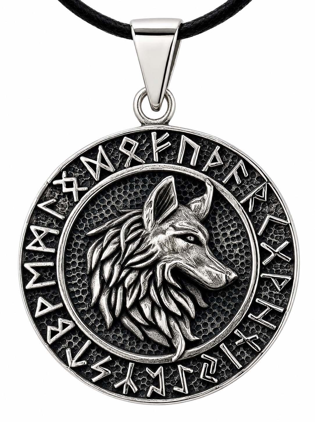 Kiss of Leather Kettenanhänger Wolfskopf Wolf Rune Runenalphabet Futhark, 925 Silber (Sterlingsilber)
