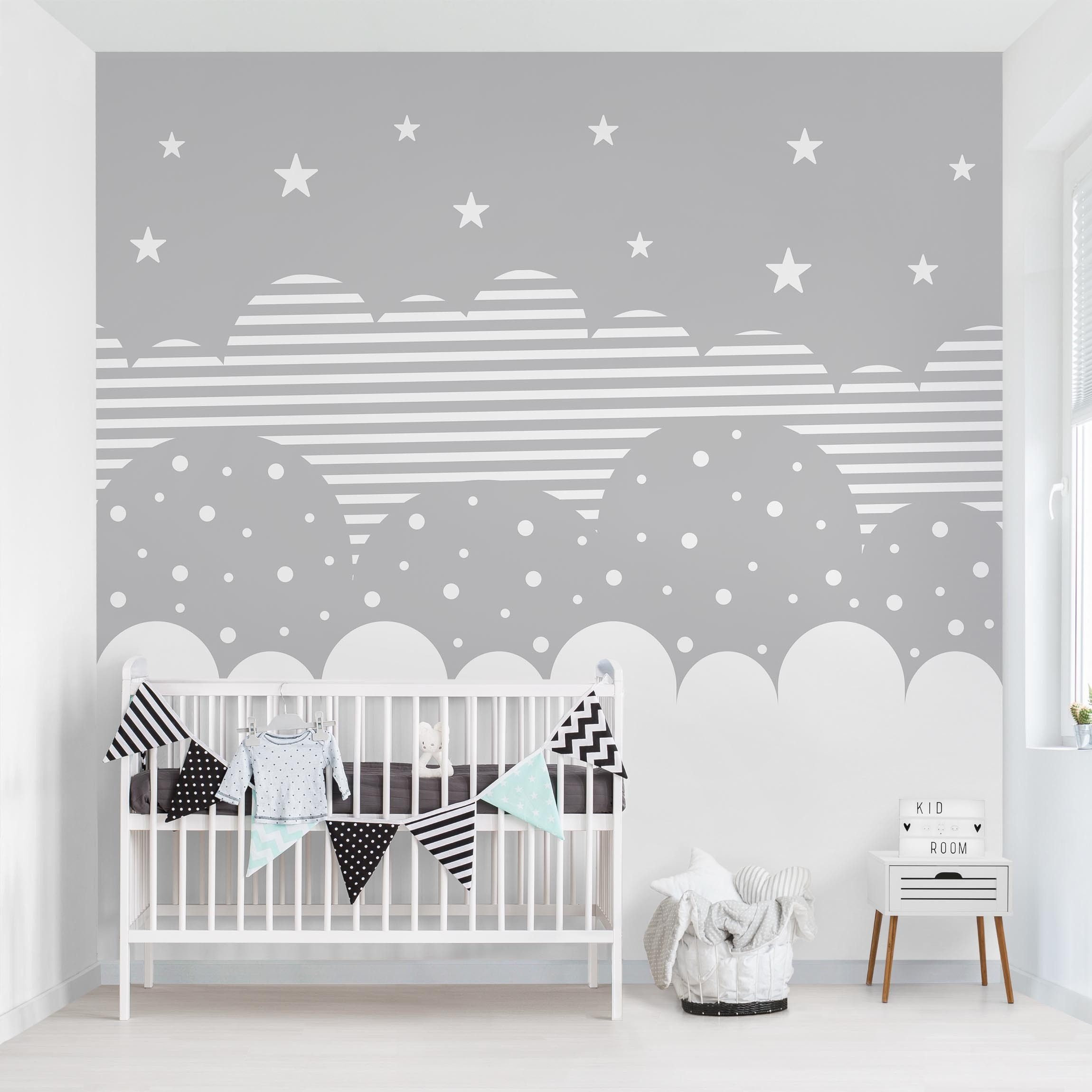 Bilderdepot24 Kindertapete Wolken Sterne Kinder Himmel grau moderne Wanddeko XXL, Glatt, Matt, (Vliestapete inkl. Kleister oder selbstklebend), Mädchenzimmer Jungenzimmer Babyzimmer Bildtapete Fototapete Wandtapete