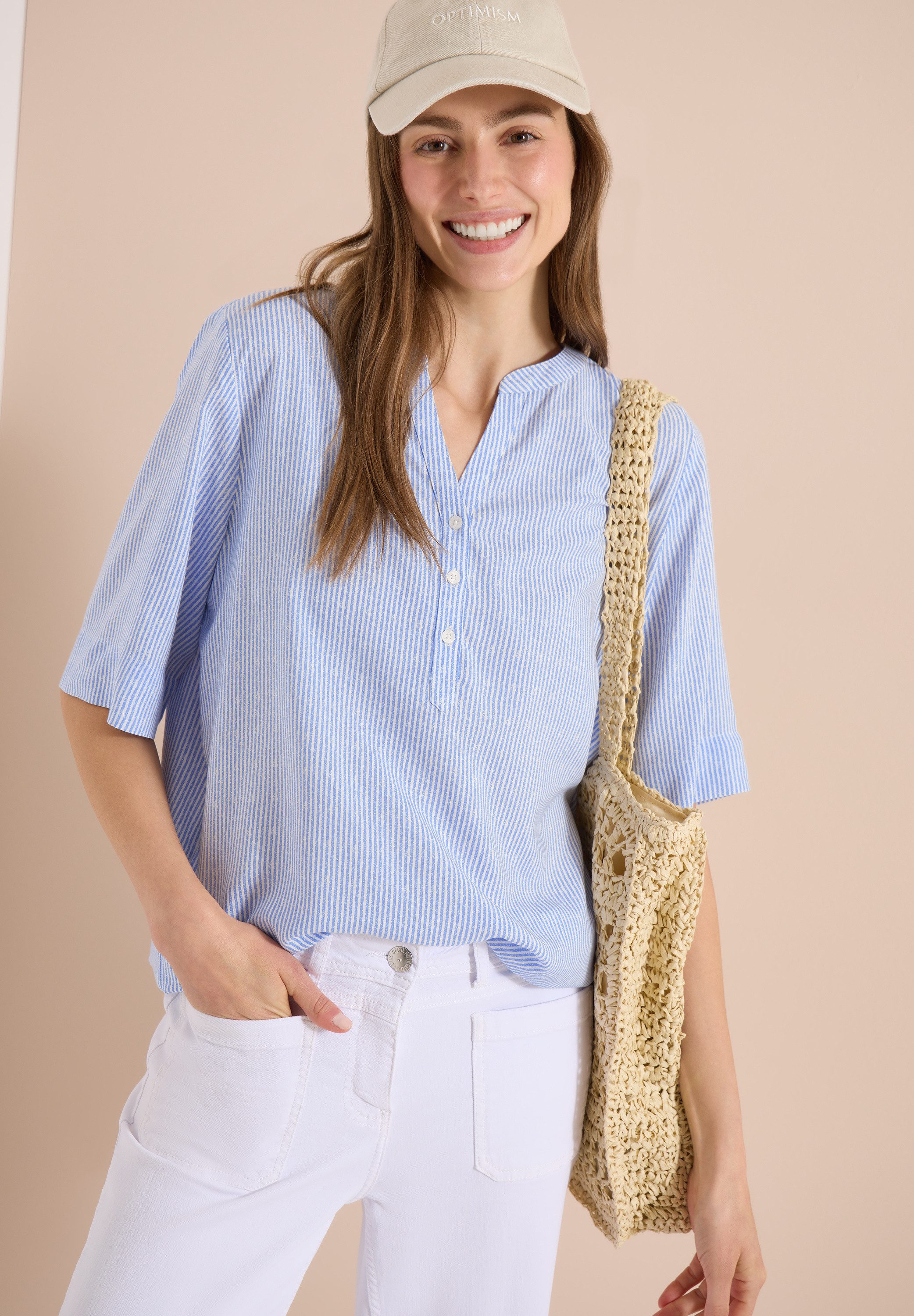 CECIL Kurzarmbluse Sommerbluse mit Split Neck und Streifen