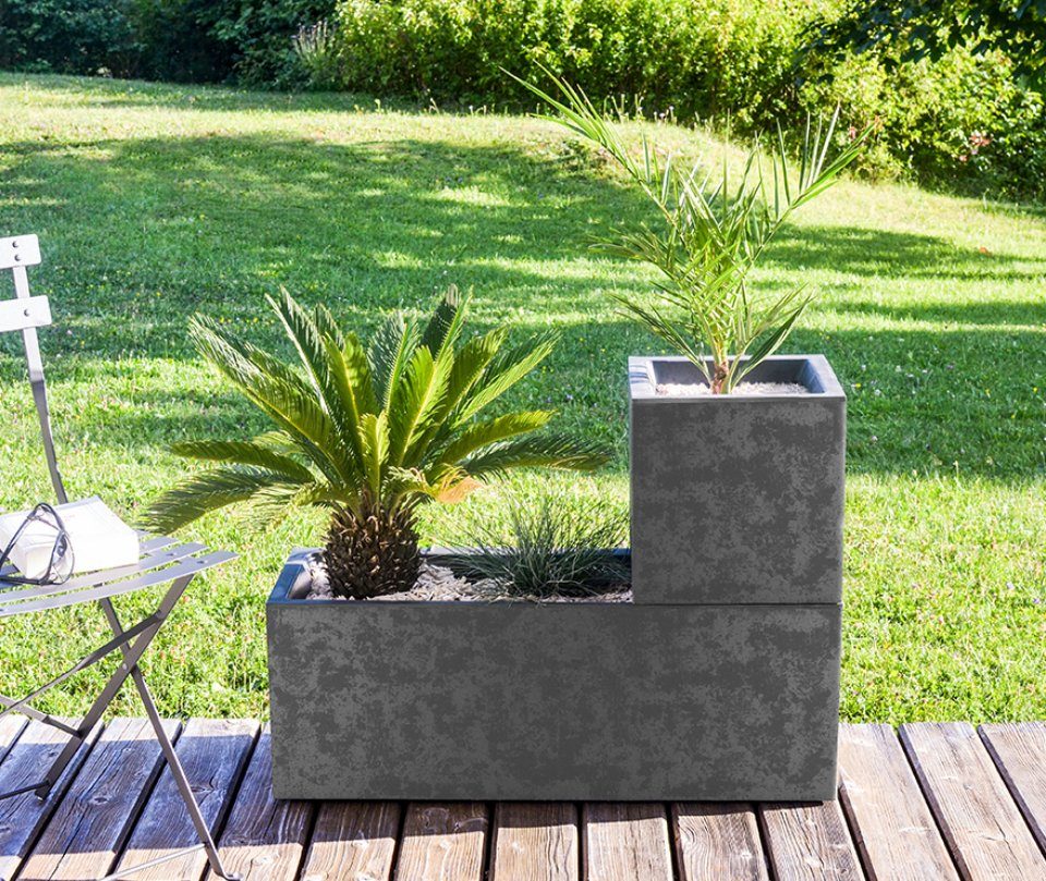 Basalt 57L+21L Pflanzkübel mit Blumenkasten, Blumenkübel Wasserspeicher Blumentopf Vulkan ONDIS24 anthrazit rechteckig