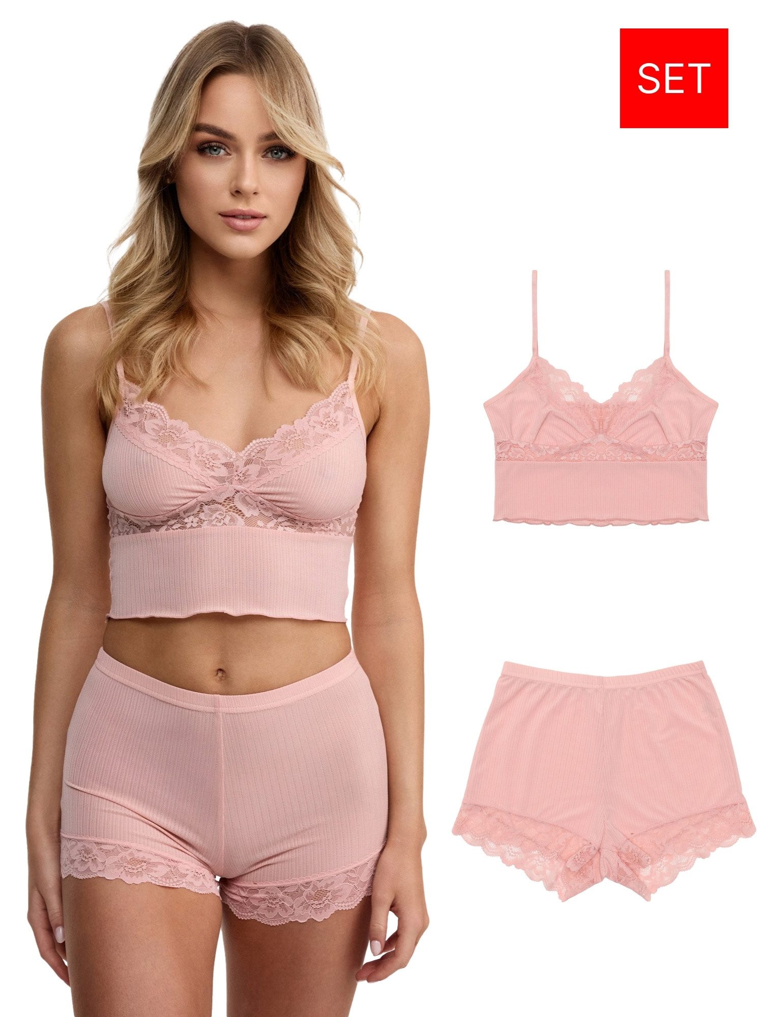 Tazzio Shorty Nachtwäsche-Set F921 (Set, 2 tlg) Ripp-Optik mit Spitze günstig online kaufen